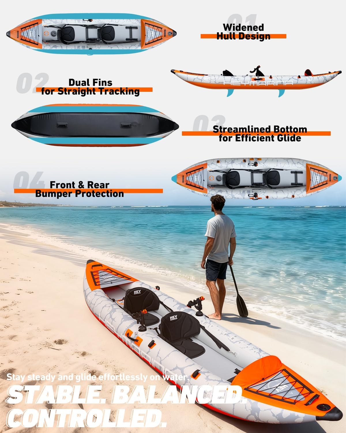 2 Person Inflatable Kayak Tandem Fishing Kayak for Adults, Portable Touring Kayak Canoe with Dual Floats, Drop-Stitch Floor and Fish Measuring Ruler, 12.5 FT - Image 5