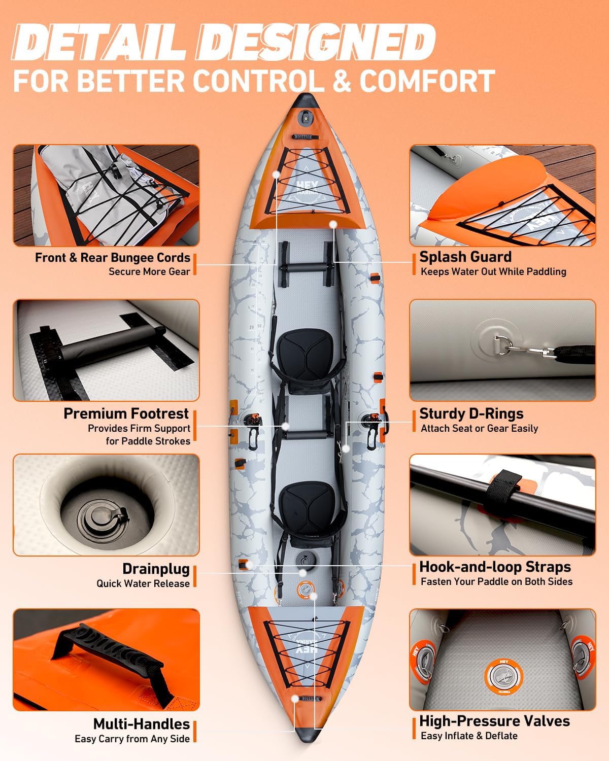 2 Person Inflatable Kayak Tandem Fishing Kayak for Adults, Portable Touring Kayak Canoe with Dual Floats, Drop-Stitch Floor and Fish Measuring Ruler, 12.5 FT - Image 6