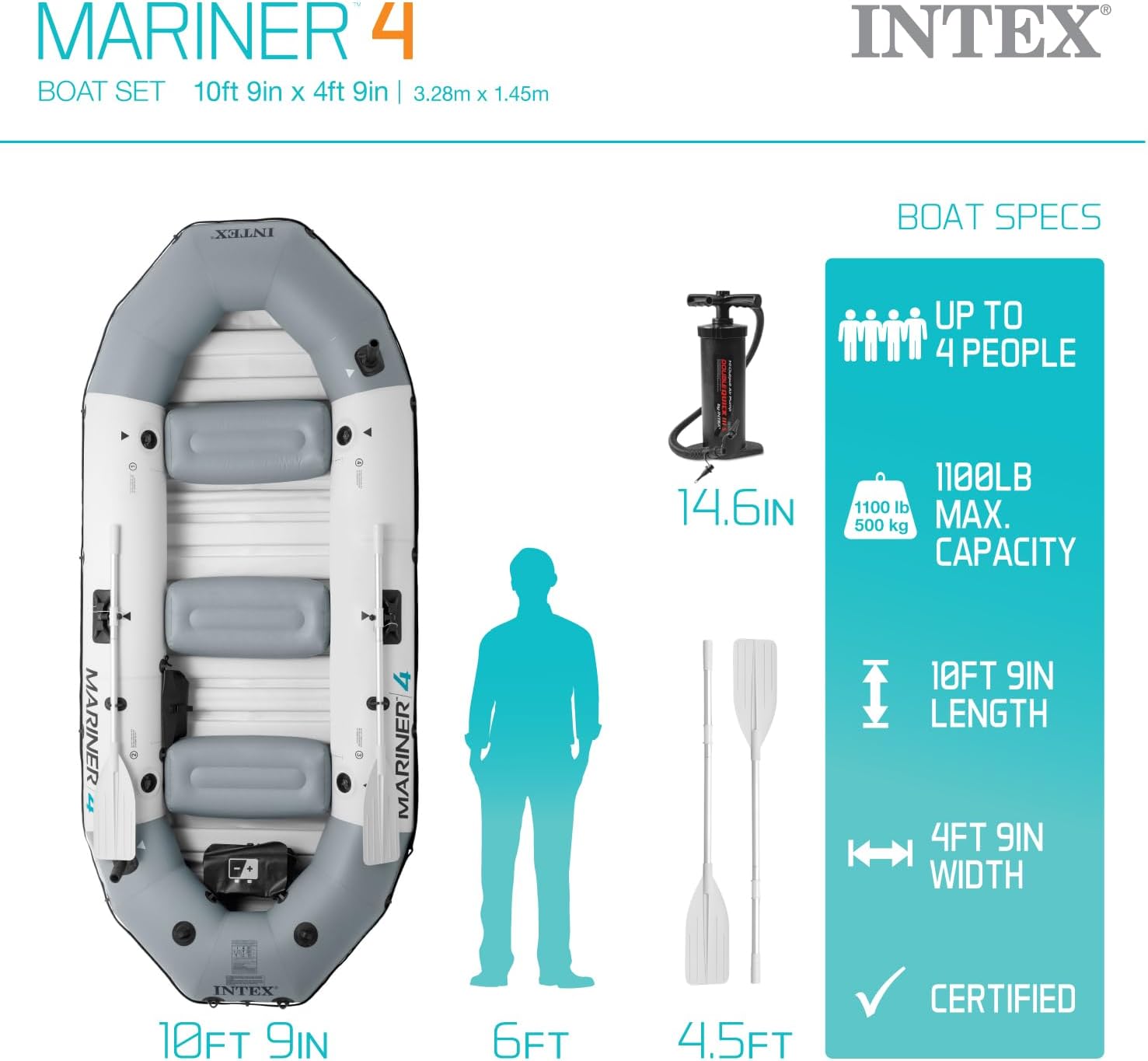 INTEX 68373EP Mariner 3 Inflatable Boat Set: Includes Deluxe 54in Boat Oars and High-Output Pump u2013 Wear-Resistant Keel u2013 Removable Fishing Rod Holders u2013 3-Person u2013 880lb Weight Capacity