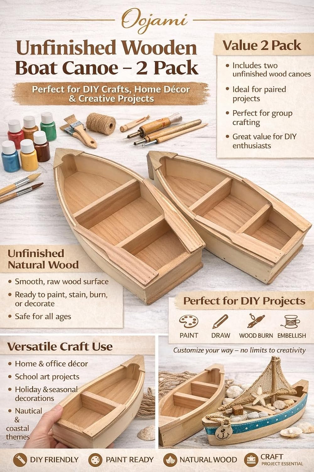 2 Pack Unfinished Wooden Boat Canoe Craft – 2 Pack Natural Wood DIY Craft Projects for Painting, Decorating, Home & Office Décor, School Art & Creative Projects - Image 3