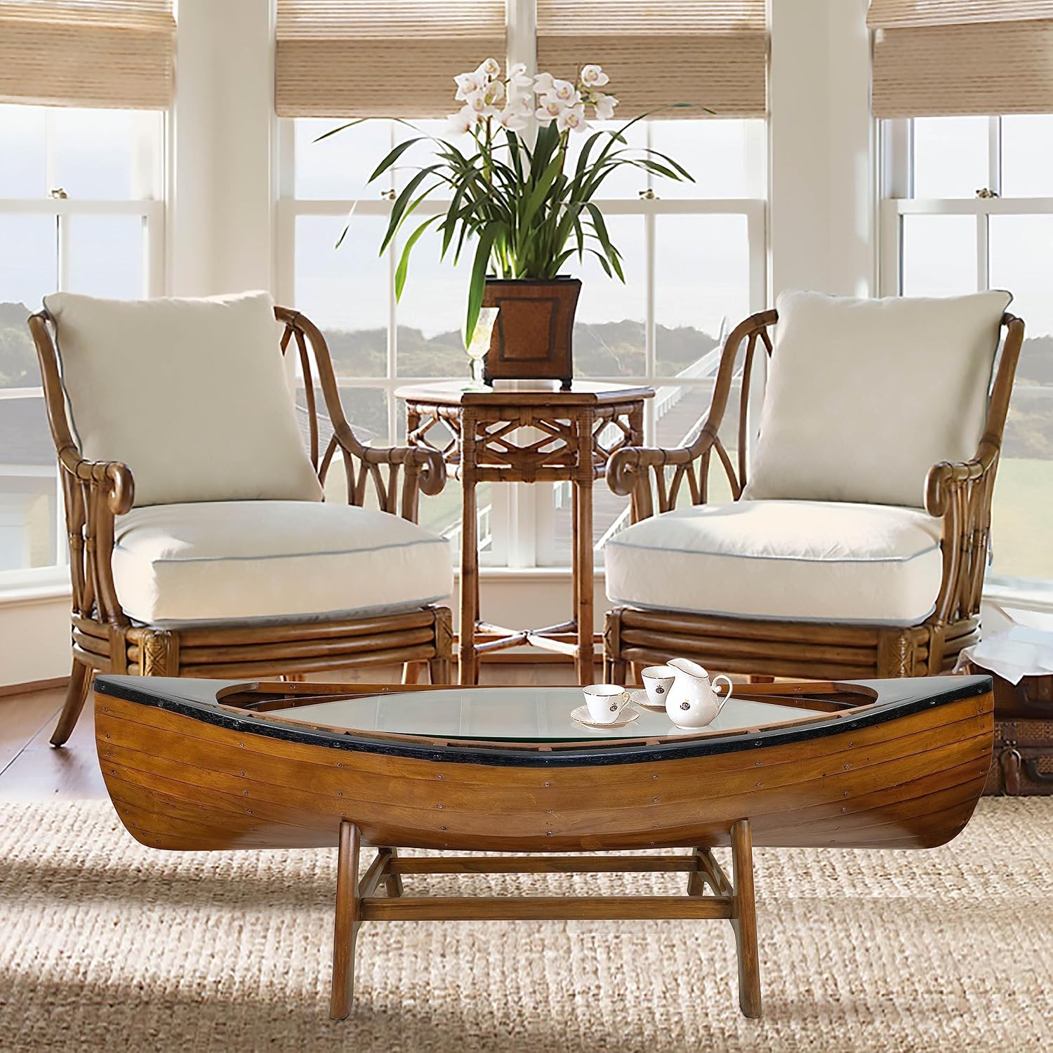 SAILINGSTORY Wooden Boat Canoe Coffee Table Coastal Nautical Coffee Table Lake House Decor Side Table Antique Honey Finish