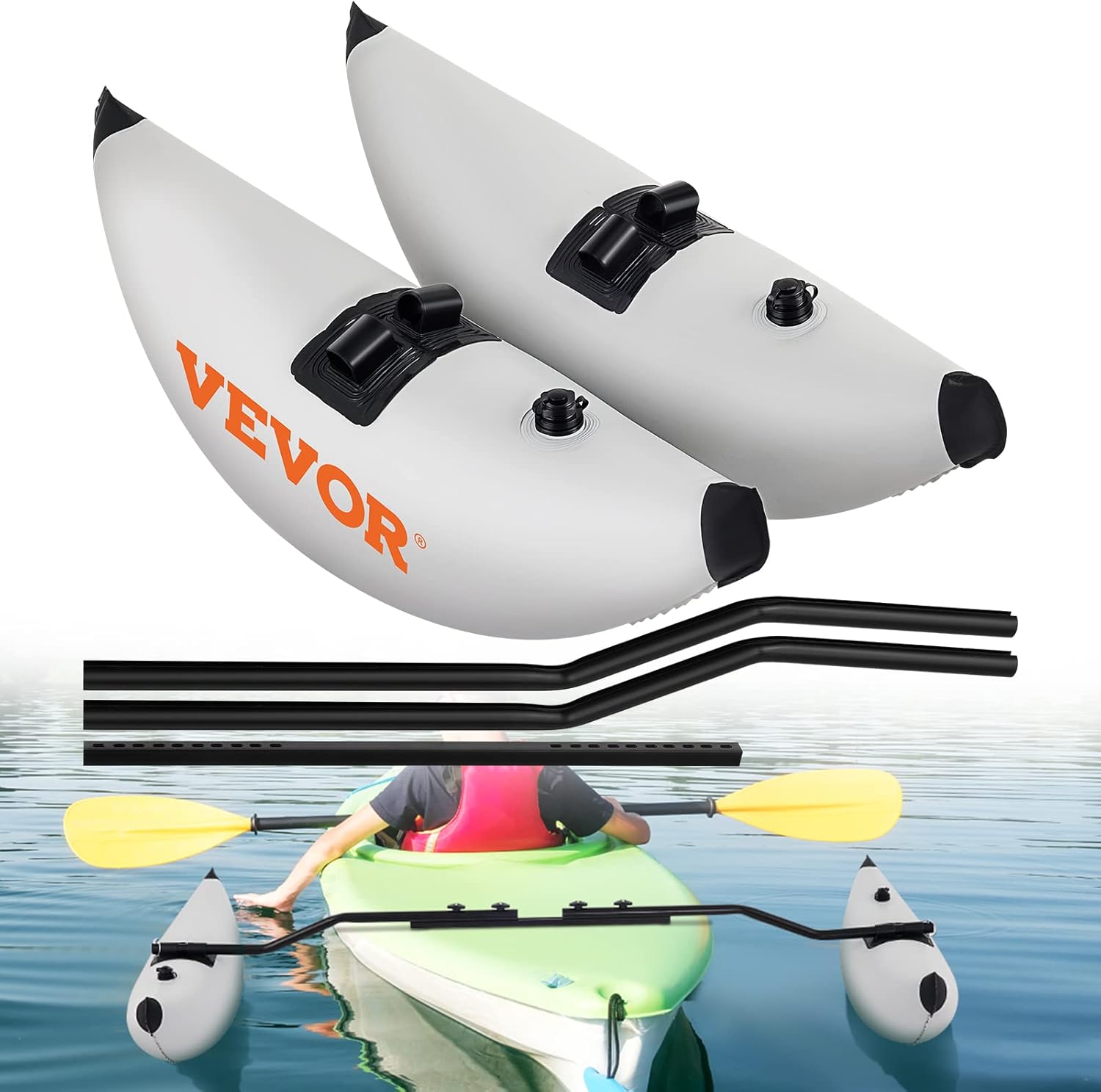 VEVOR Kayak Stabilizers, 2 PCS, PVC Inflatable Kayak Outrigger Float with Sidekick Arms Rod, Standing Float Stabilizer System Kit for Kayaks, Canoes, Fishing Boats