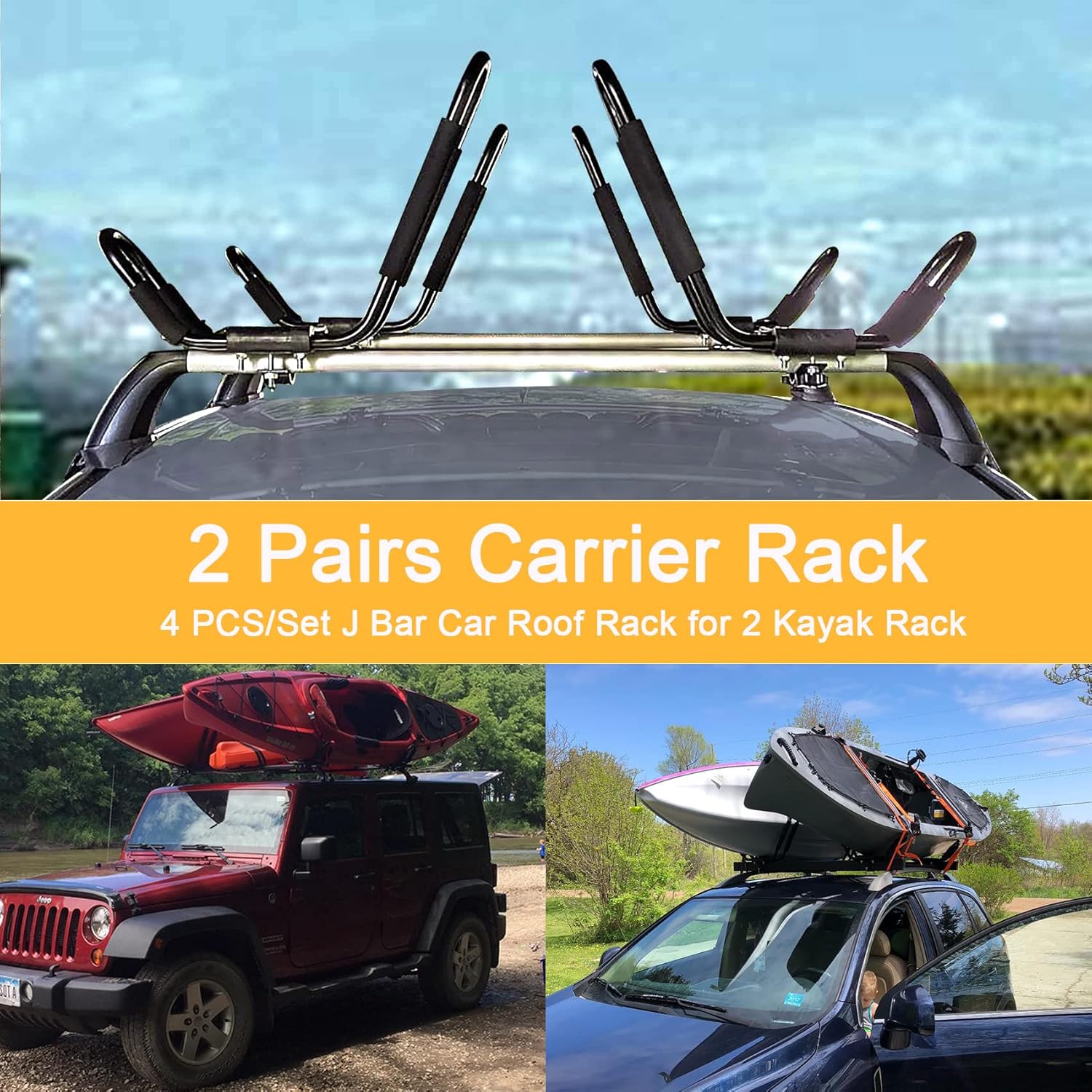 PIRIPARA Kayak Roof Rack 2 Pairs J-Bar Carrier Holder for Canoe, SUV, Cars, Truck, Surf Ski, Car Top Mount Racks for Trip, Set of 4