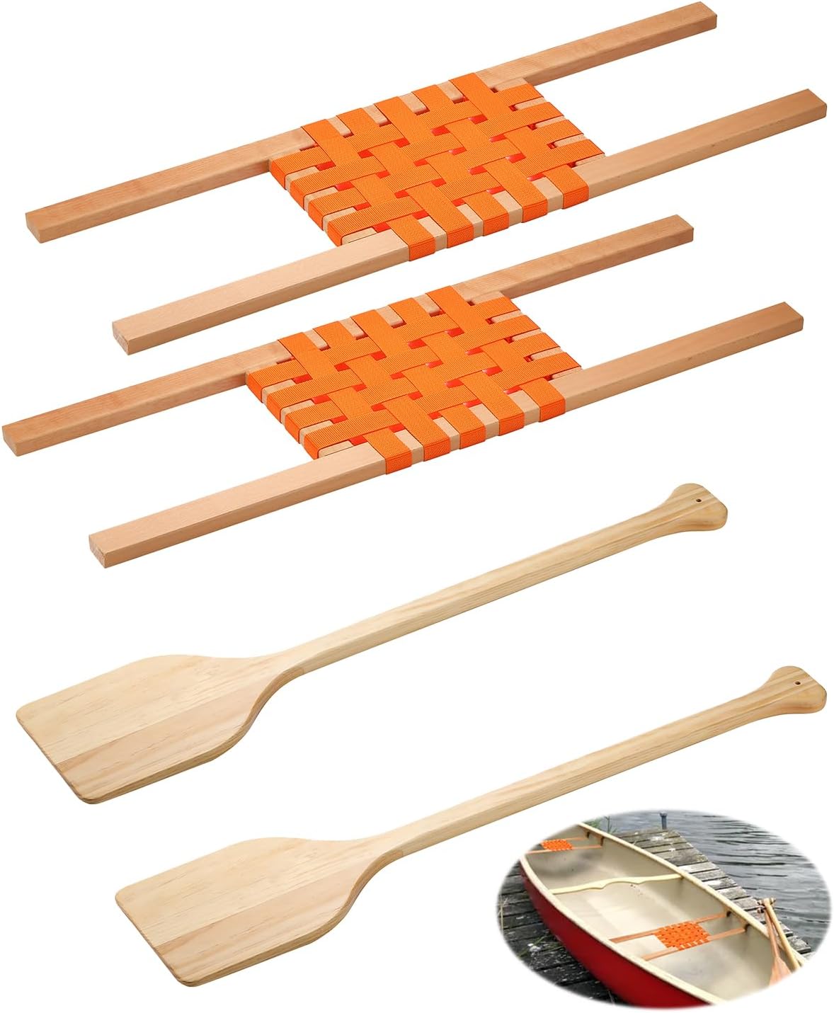 SPOODOR 34u2033 Wood Canoe Seat with 32u2033 Paddles, 4Pcs Replacement Canoe Hardware Accessories