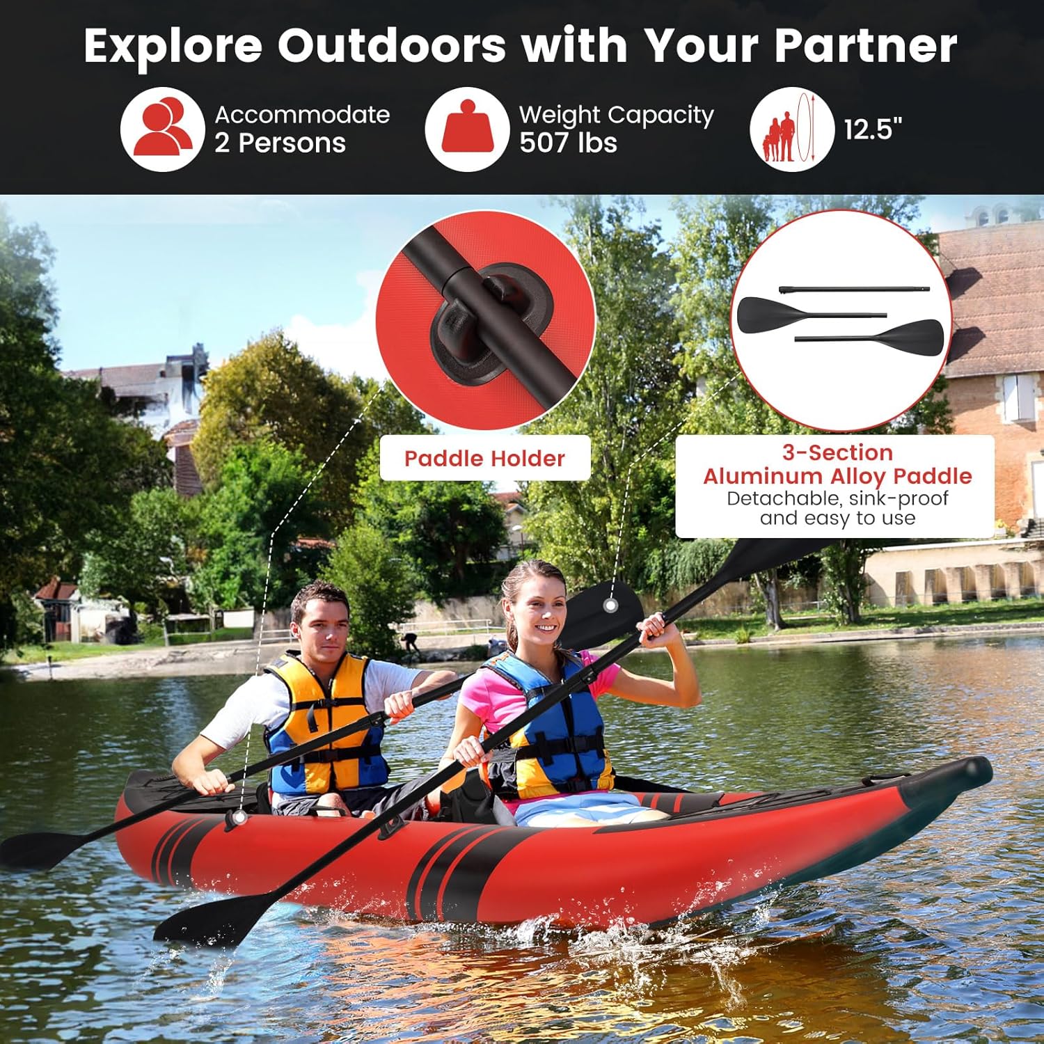 GYMAX Inflatable Kayak, 12.5Ft 507lbs Tandem Kayak with 2 Aluminum Paddles, 2 Padded Seats, Footrests, 2 Fins, Hand Pump, Carry Bag & Repair Kit, 2 Person Fishing Touring Kayak for Adults
