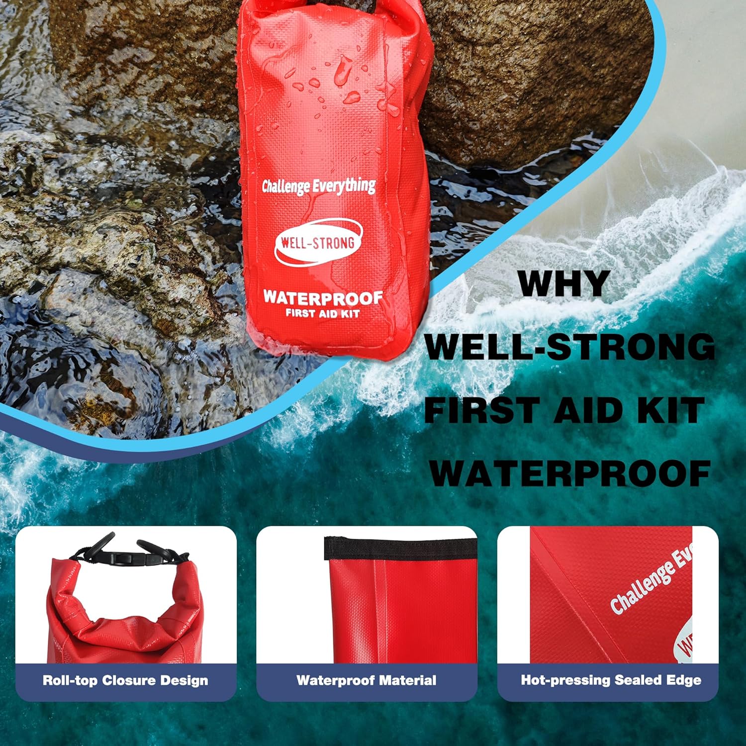 WELL-STRONG Waterproof First Aid Kit Roll Top Boat Emergency Kit with Waterproof Contents for Fishing Kayaking Boating Swimming Camping Rafting Beach Red