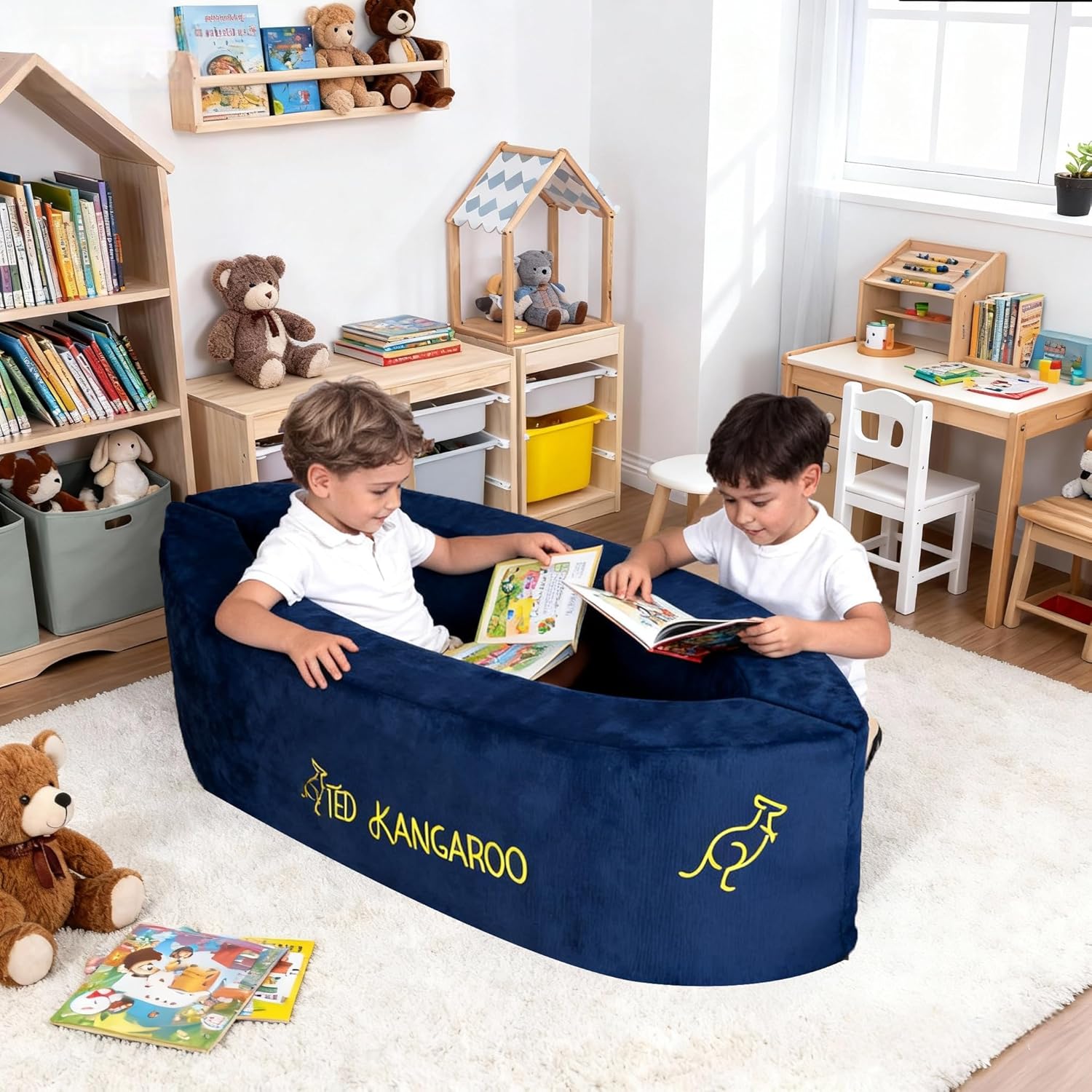 TED KANGAROO Sensory Chair for Kids u2014 Sensory Soft Canoe for Children u2013 Deluxe Adjustable Compression Peapod Foam Dark Blue