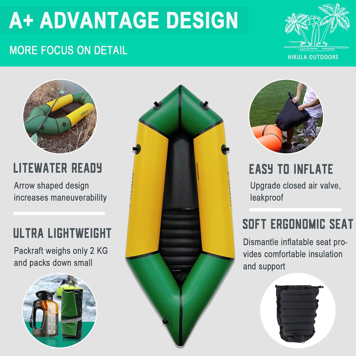 HIKULA Inflatable Lightweight TPU PackRaft Eco-Friendly White Water Rafting Micro Inflatable Kayak Canoe Carry Bag Included