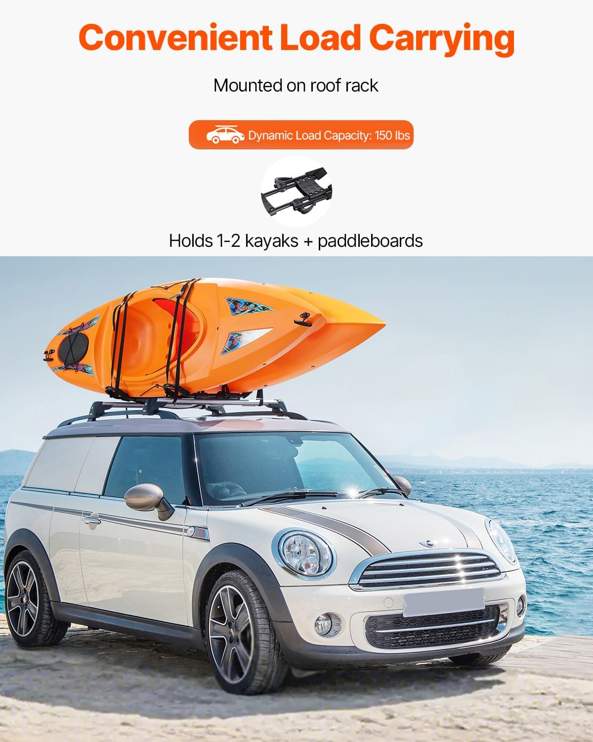 VEVOR Kayak Roof Rack 1 Pair J-Bar, Folding Soft Roof Rack with 4 Pcs Tie Down Straps, Top Mount Tie Down, Carrier for Kayak Surf Board Canoe SUP Ski Board, Mount on Car SUV Truck 2 Kayaks Crossbar