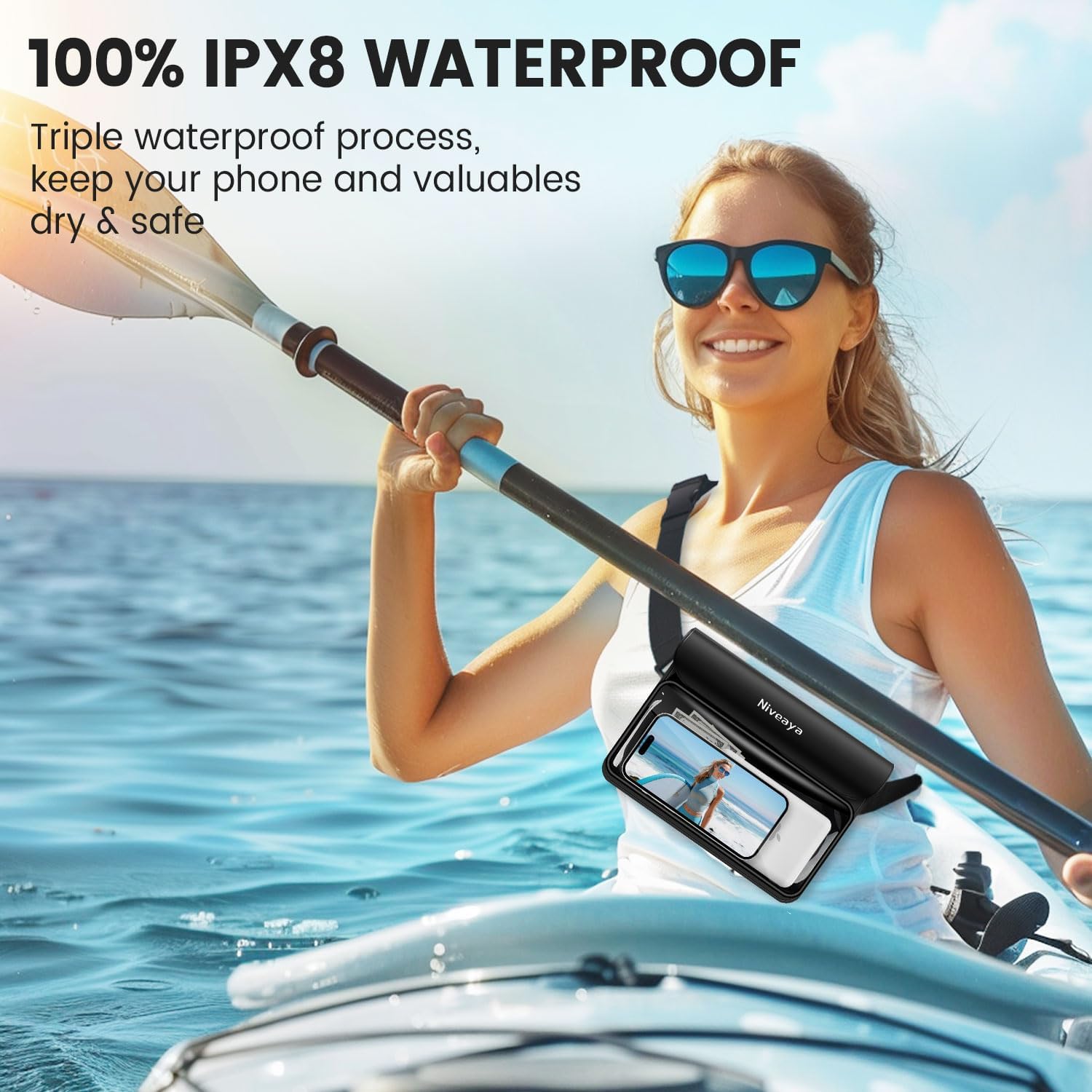 Niveaya IPX8 Waterproof Fanny Pack - 2 Pack, Floating Dry Bag Pouch, Phone Waterproof Waist Pouch Dry Bag, Beach, Kayaking, Swimming, Boat Essentials, for iPhone 17/16/15/14/13/12 Pro Max up to 9.5"