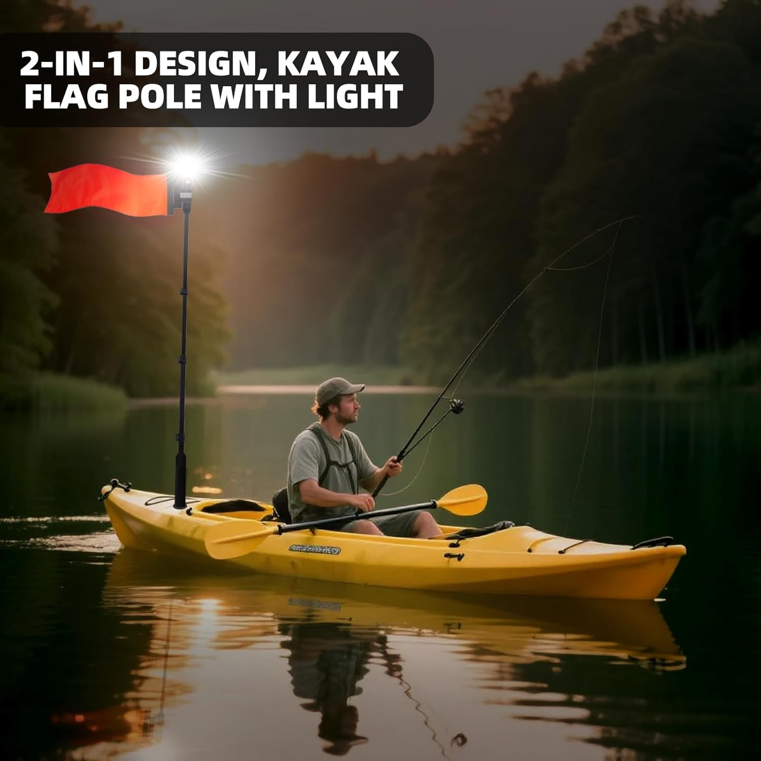 Xprite Kayak Safety Flag with 360° LED Light, Telescoping Orange Flag Pole, Battery Powered Navigation Lights for Night Kayaking, Fishing, Canoeing, Boating & Paddling