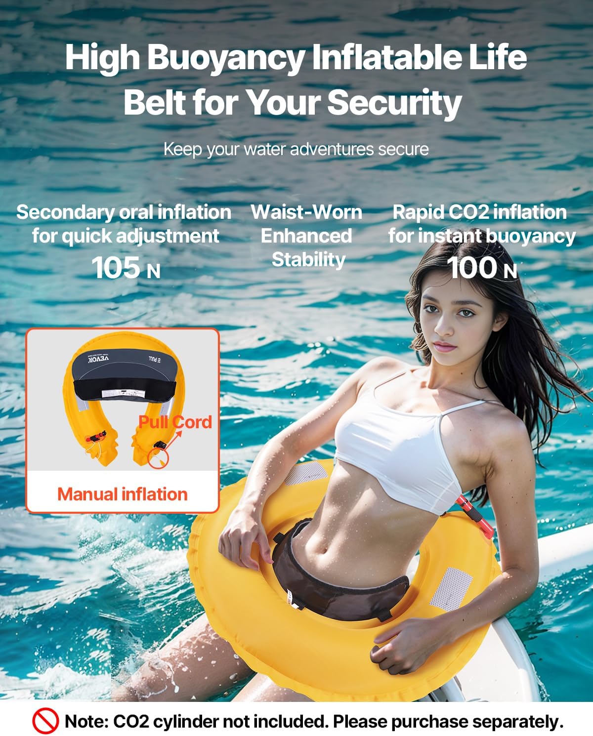 VEVOR Manual Inflatable Belt Pack for Adults, 105N Buoyancy, Over 80 Pounds and Up to 59 in Waist Adjustable, Inflatable PFD Waist for SUP Paddelboarding, Kayaking (CO2 Cylinder Not Included)