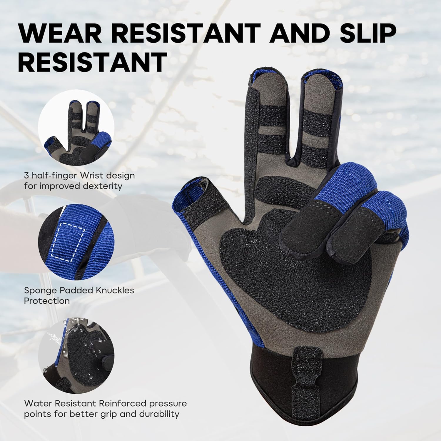 FitsT4 Sports Sailing Gloves Padded Palm Glove 3 Finger Water Resistant Moisture Wicking Kayaking Paddling Gloves for Sailing, Yachting, Fishing
