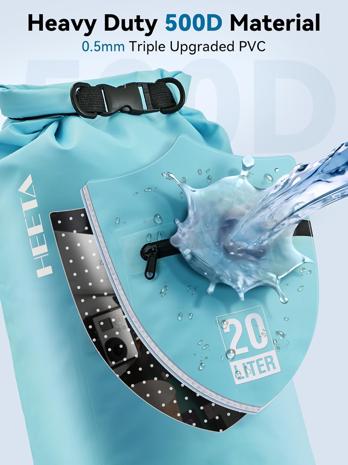 HEETA Waterproof Dry Bag with Front Zippered Pocket for Women Men, 5L/10L/20L/30L/40L Roll Top Lightweight Dry Storage Bag Backpack for Travel, Kayaking, Boating, Rafting, Camping, Hiking & Beach - Image 3