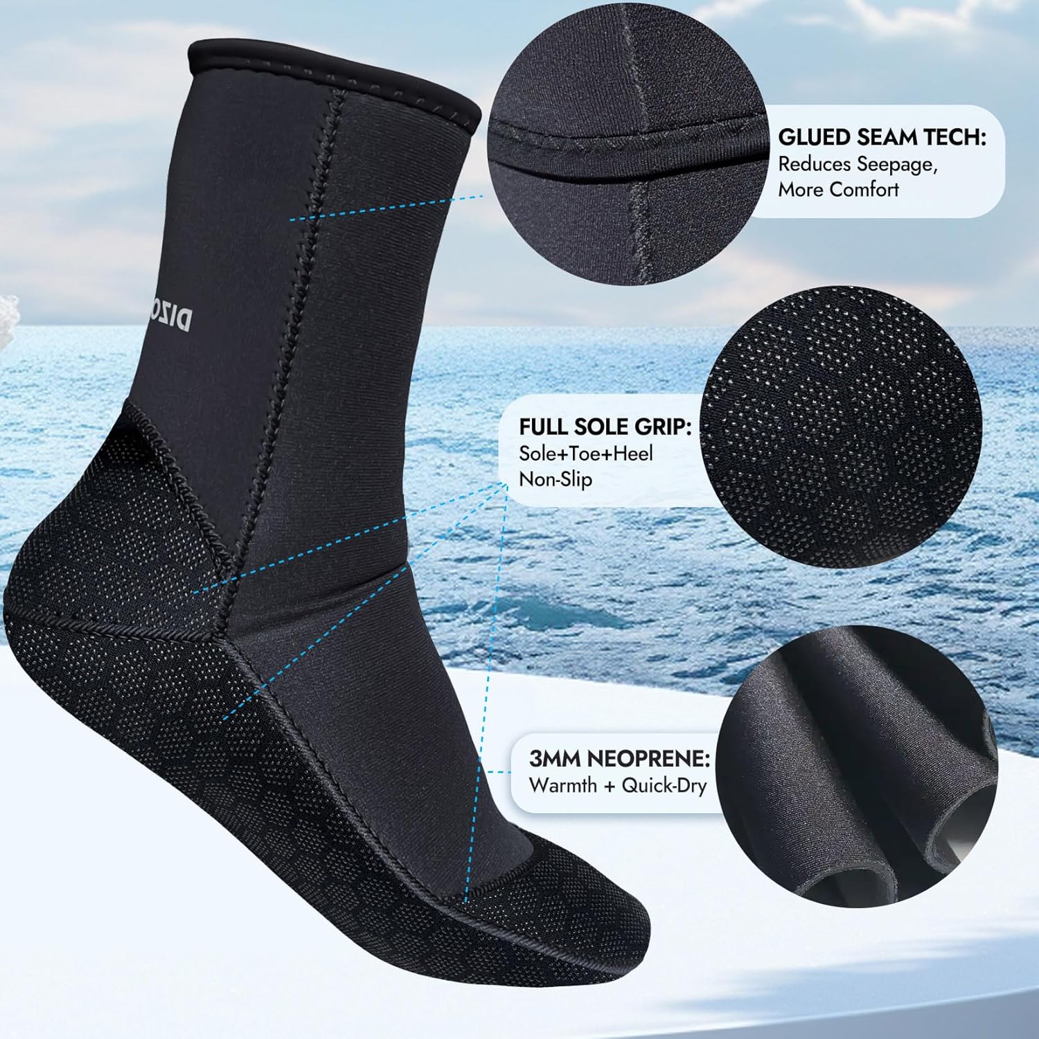 Dizokizo Neoprene Diving Water Socks, 3mm Beach Booties Anti-Slip Wetsuit Sand Socks for Snorkel Surfing Kayaking Swimming