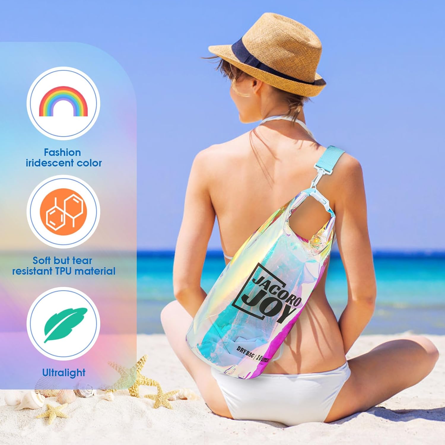 JACORO JOY 10L Dry Bag Iridescent TPU Waterproof Beach Bag for Kayaking Boating Swimming Rafting - Image 3