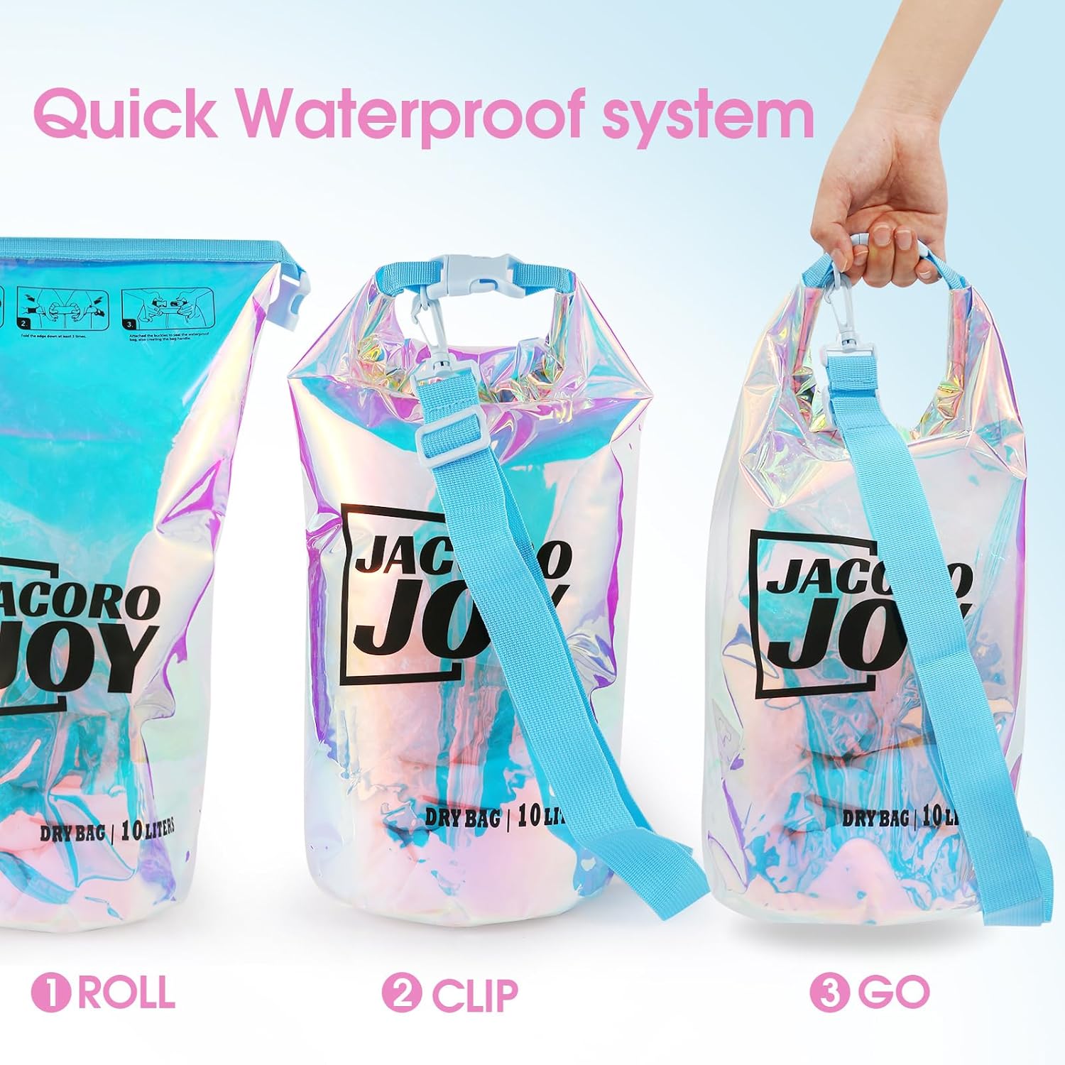 JACORO JOY 10L Dry Bag Iridescent TPU Waterproof Beach Bag for Kayaking Boating Swimming Rafting - Image 5
