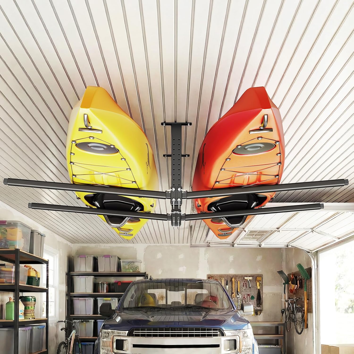 VEVOR Kayak Storage Rack for 2 Kayaks, Holds Up to 250 lbs, Heavy Duty Adjustable Ceiling Rack for Garage Ceiling Mount, Overhead Garage Storage Hanger for Canoe, Ladder, SUP, Surfboard & Paddleboard