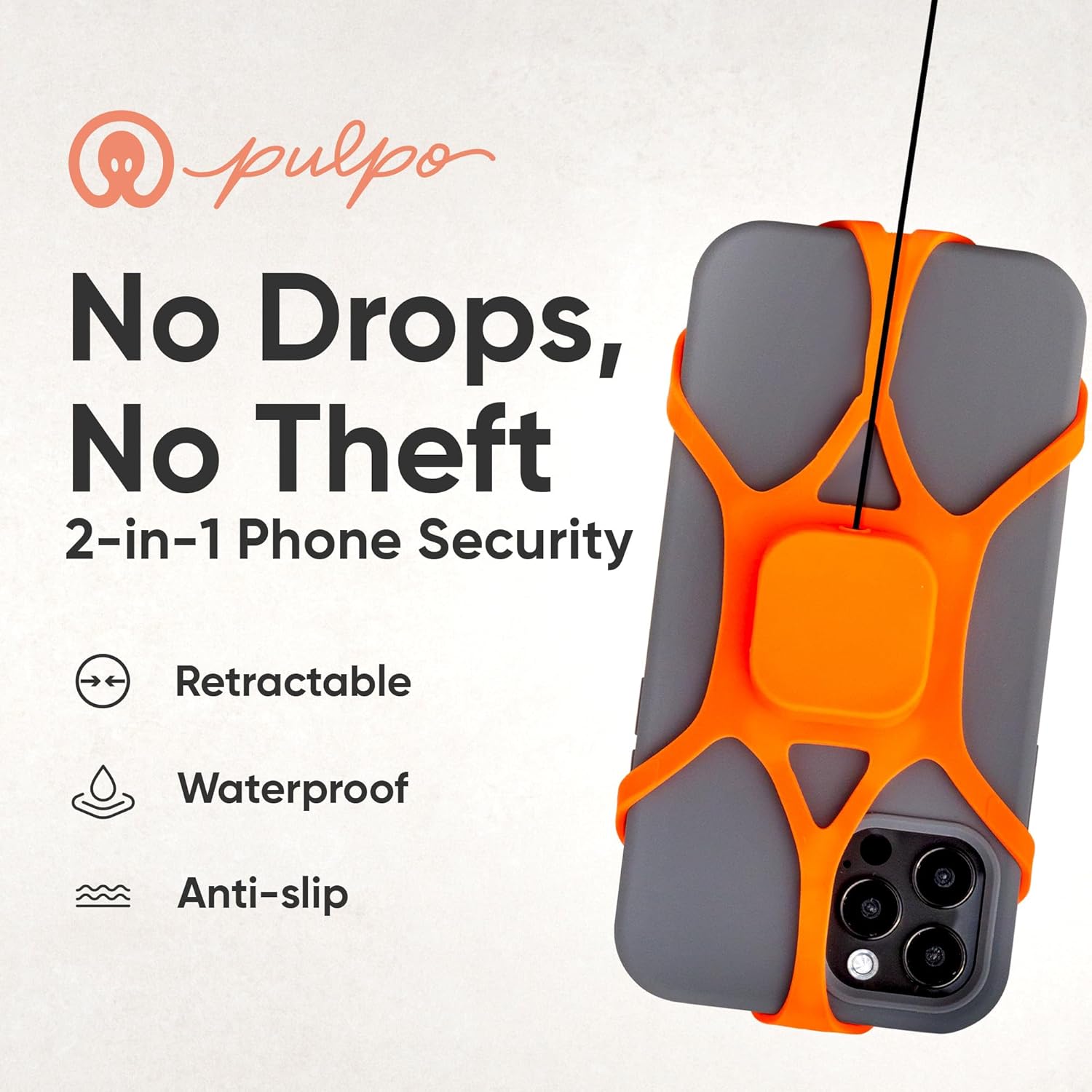Pulpo Anti Theft Phone Leash with Retractable Dyneema Tether, Secure Phone Leash and Strap for Skiing, Kayak, Travel and Festivals, Fits Smartphones up to 6.8 Inches, Annoying Orange