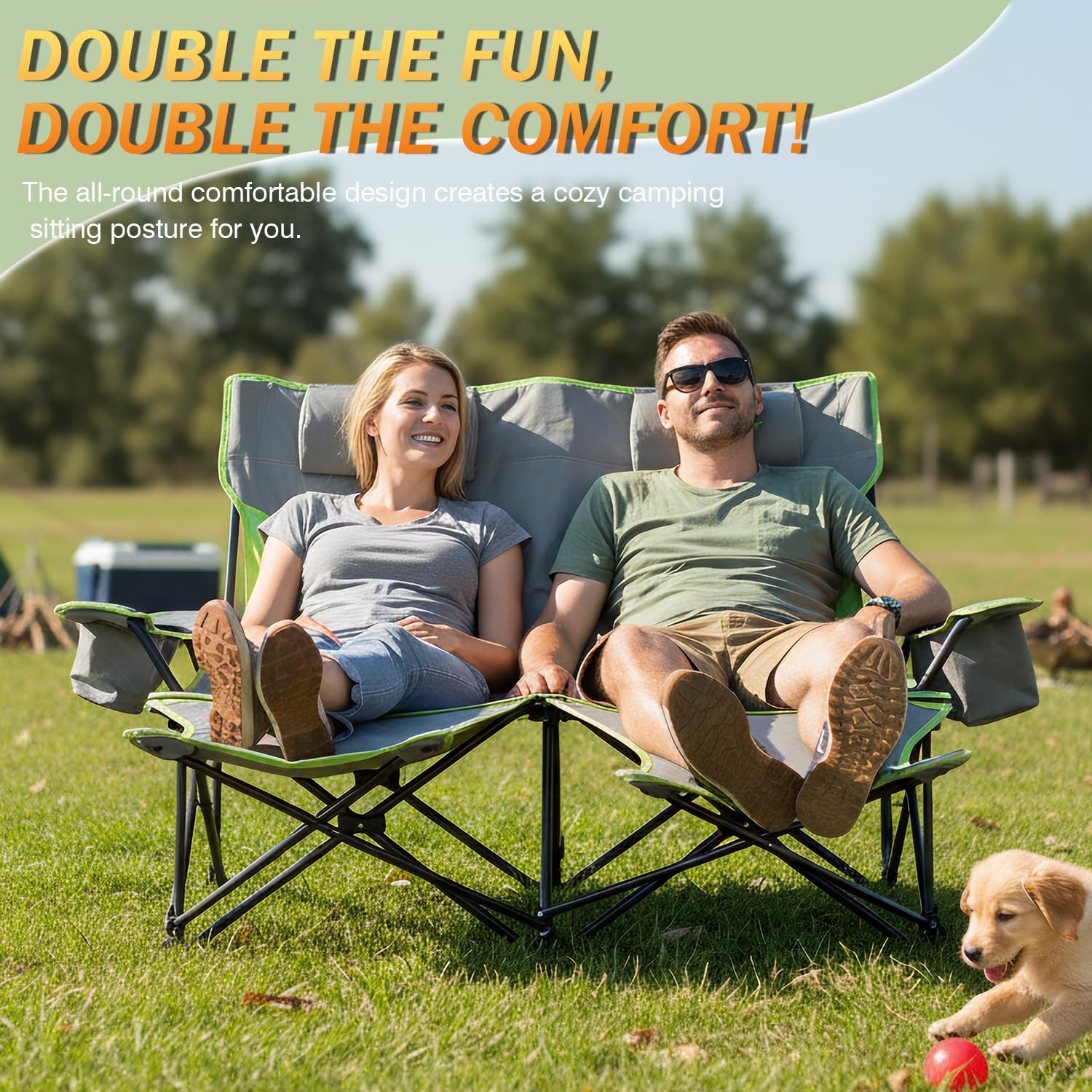 Alternative view of Double Camping Chair,Adjustable Two Person Adjustable Backrest Reclining chairs with Foot Rest,Oversized Folding Camping Loveseat,Office,Beach,Lawn,Headrests,Cooler Bag,Cup Holder,Support 600lbs