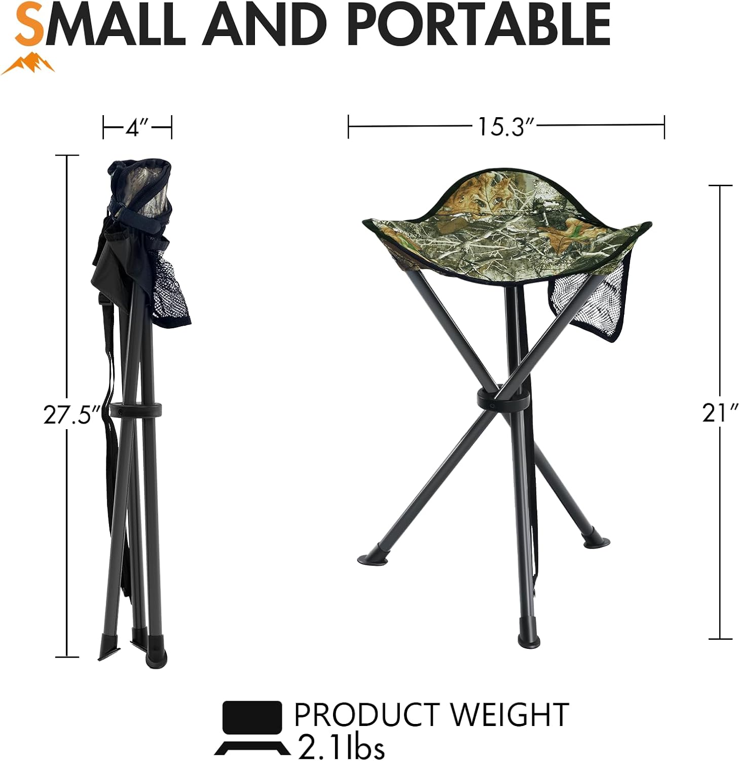 Portal Folding Camping Stool Portable Foldable Tripod Seat for Hiking Hunting Walking Fishing Travel Outdoors with Side Pockets Sturdy Steel Legs Support Up to 225 LBS