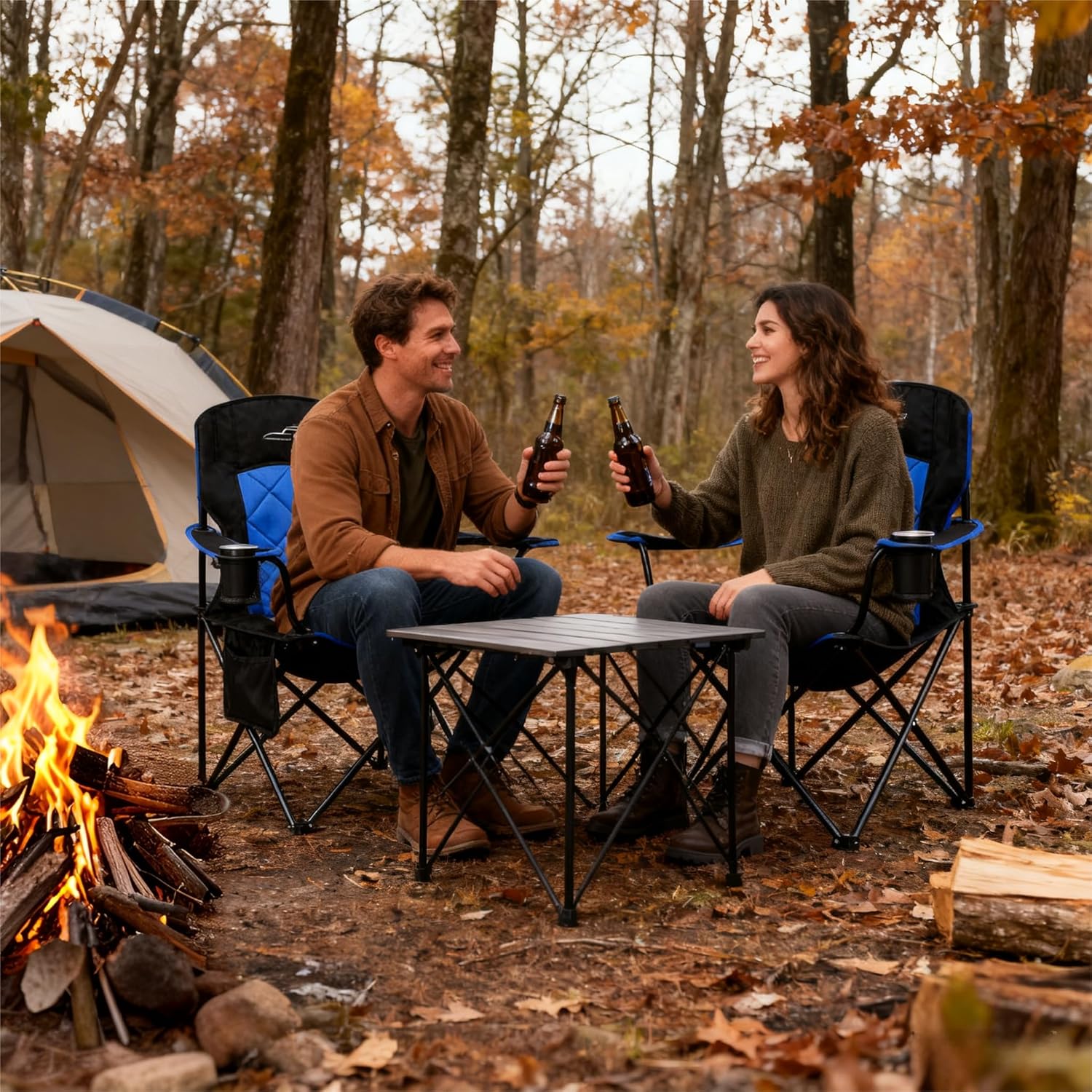 FAIR WIND 2 Pack Oversized Fully Padded Camping Chair Heavy Duty Quad Fold Arm Chair Support 350 LBS with Cup Holder, Collapsible Lumbar Back Chair Portable for Outdoor, Blue