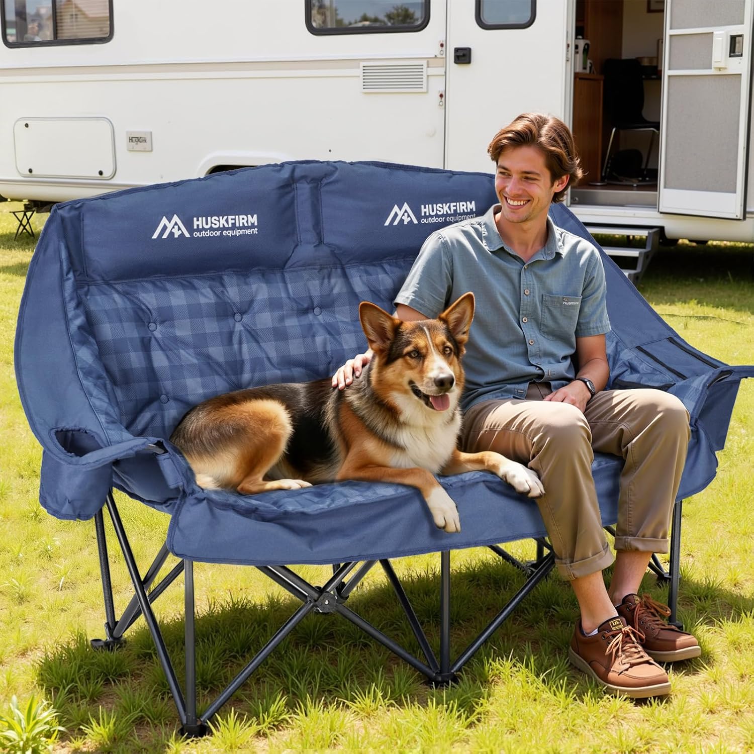 Huskfirm Padded Double Camping Chair High Back Double Seat Camping Chair Oversized Camping Loveseat Support 800LBS Heavy Duty Camping Couch with Cup Holders, Cooler, Carry Bag, Blue