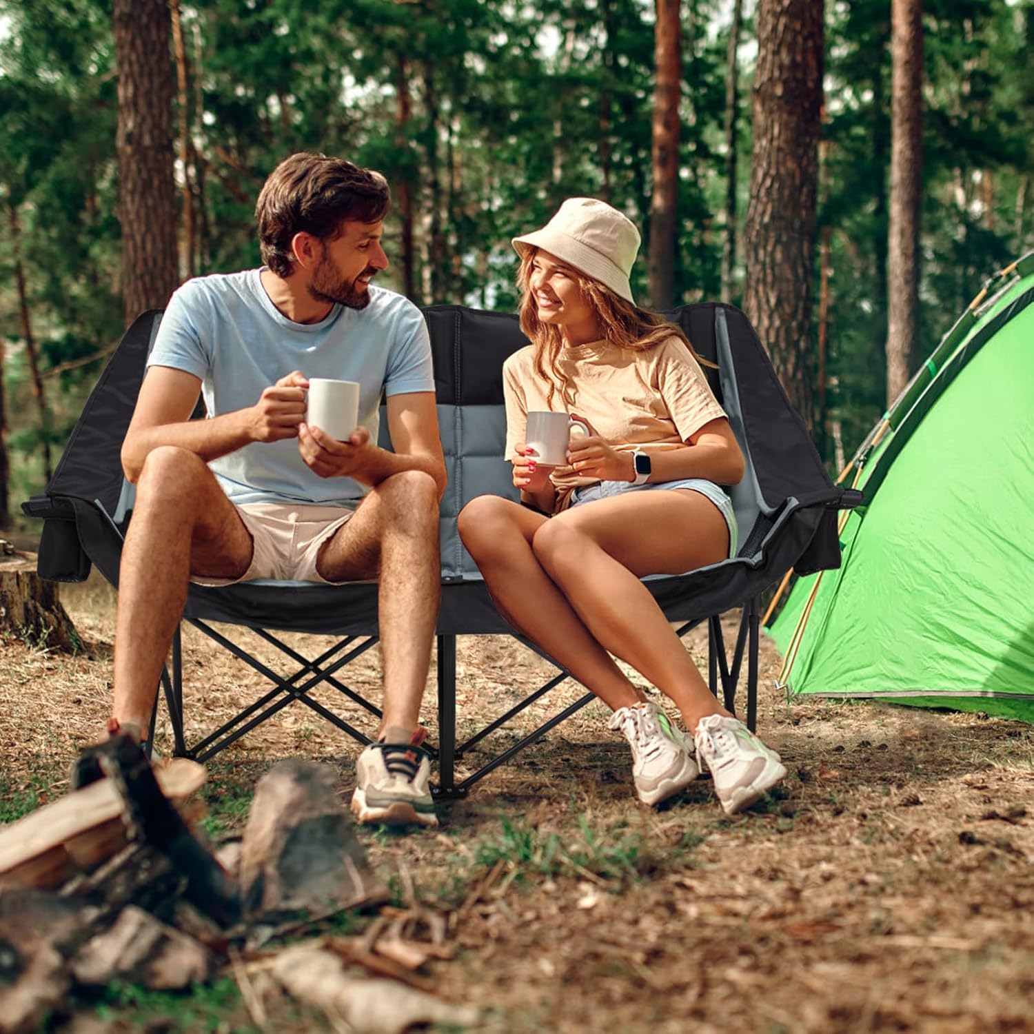 Youtanic Oversized Double Camping Chair, Folding Loveseat Camping Couch with Pocket, Cup Holder and Carry Bag, Heavy Duty Portable Camping Chairs for Adults, Fishing, Sports, Trip, up to 660lbs, Black