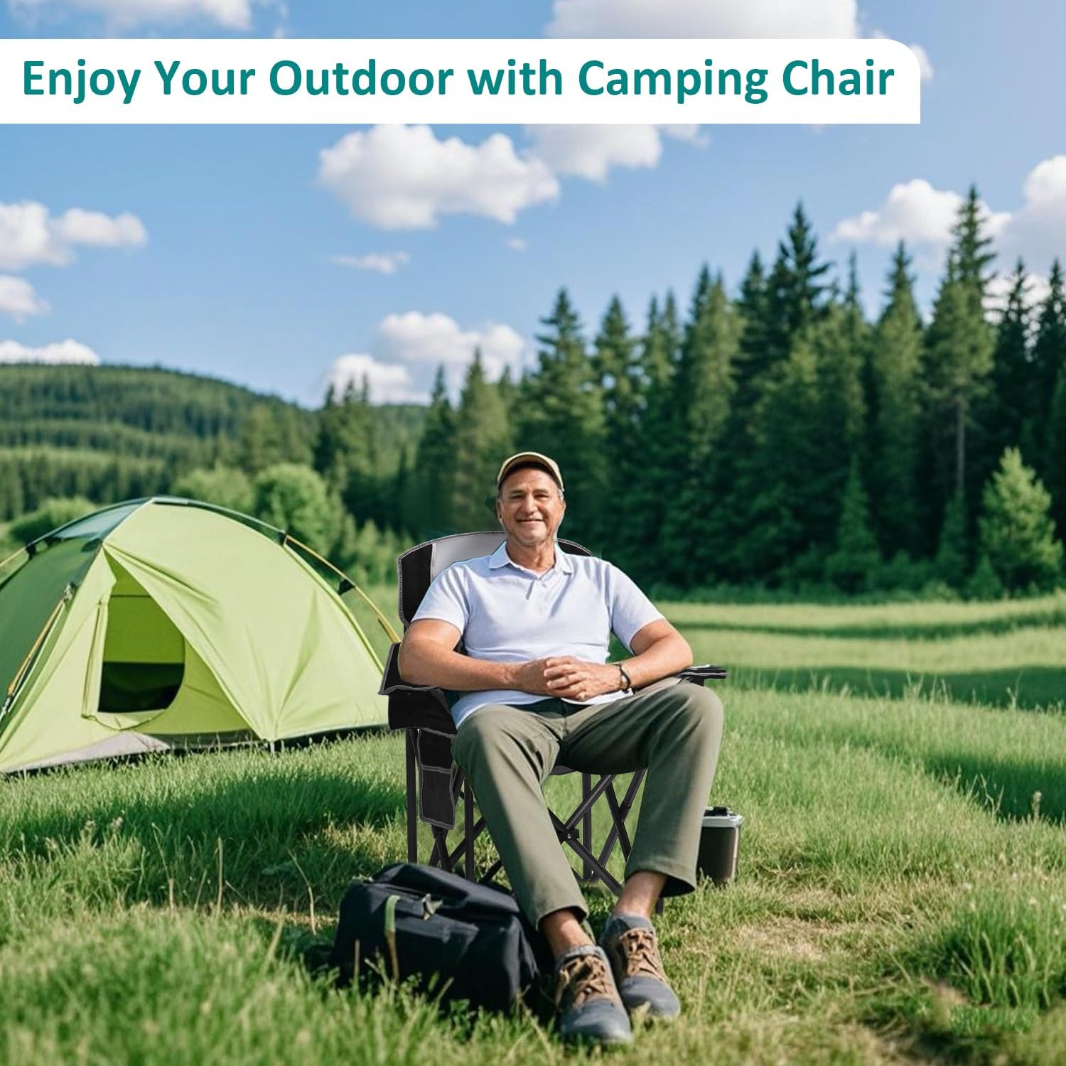 SAILARY Camping Chair Heavy Duty High Back Folding Chair with Cup Holder, 450lbs Capacity, Padded Seat, Cooler Bag & Storage Pocket, Portable for Outdoor, Beach, Fishing, Sports, 2 Pack Black