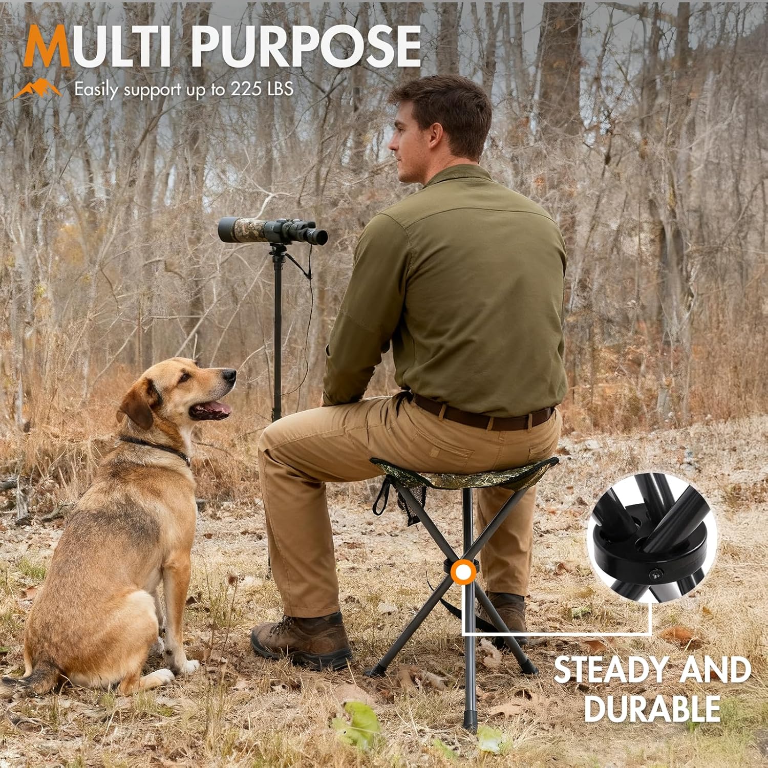 Alternative view of Portal Folding Camping Stool Portable Foldable Tripod Seat for Hiking Hunting Walking Fishing Travel Outdoors with Side Pockets Sturdy Steel Legs Support Up to 225 LBS