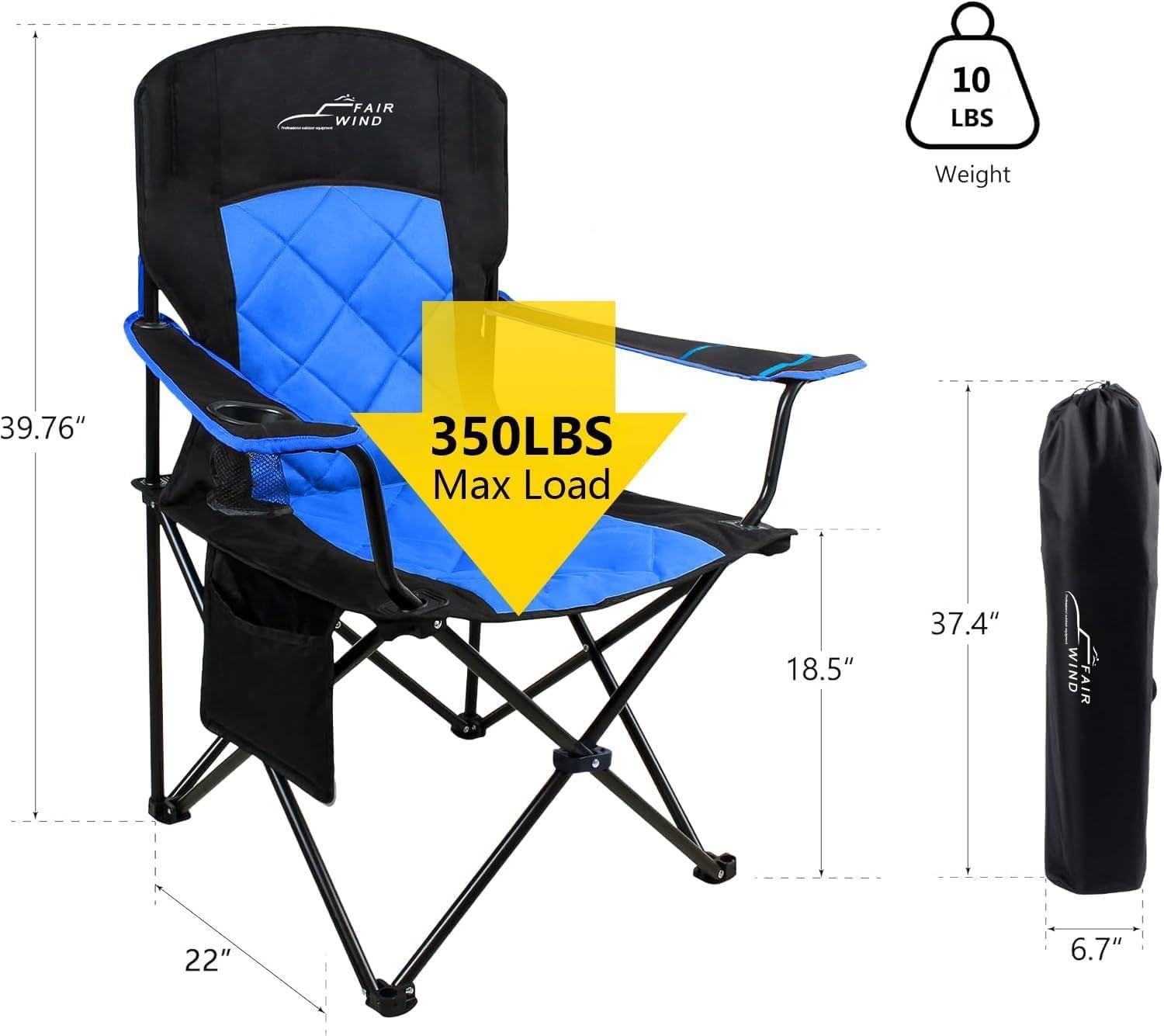 Alternative view of FAIR WIND 2 Pack Oversized Fully Padded Camping Chair Heavy Duty Quad Fold Arm Chair Support 350 LBS with Cup Holder, Collapsible Lumbar Back Chair Portable for Outdoor, Blue
