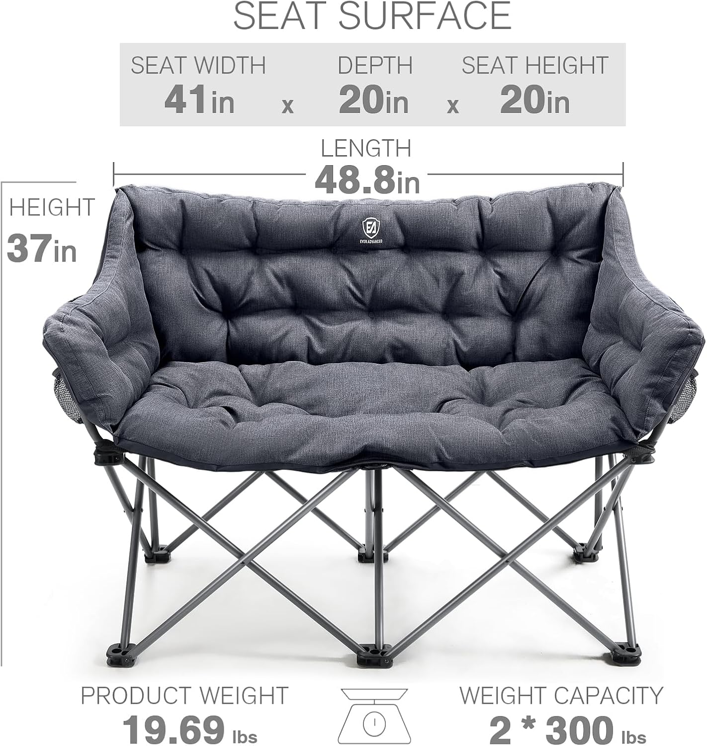 Alternative view of EVER ADVANCED Double Camping Chair for Adults, Padded Folding Camping Love Seat Bench with Side Pocket Portable Camping Couch, Two Person Heavy Duty Folding Outdoor Chair with Cushion,Support 600lbs