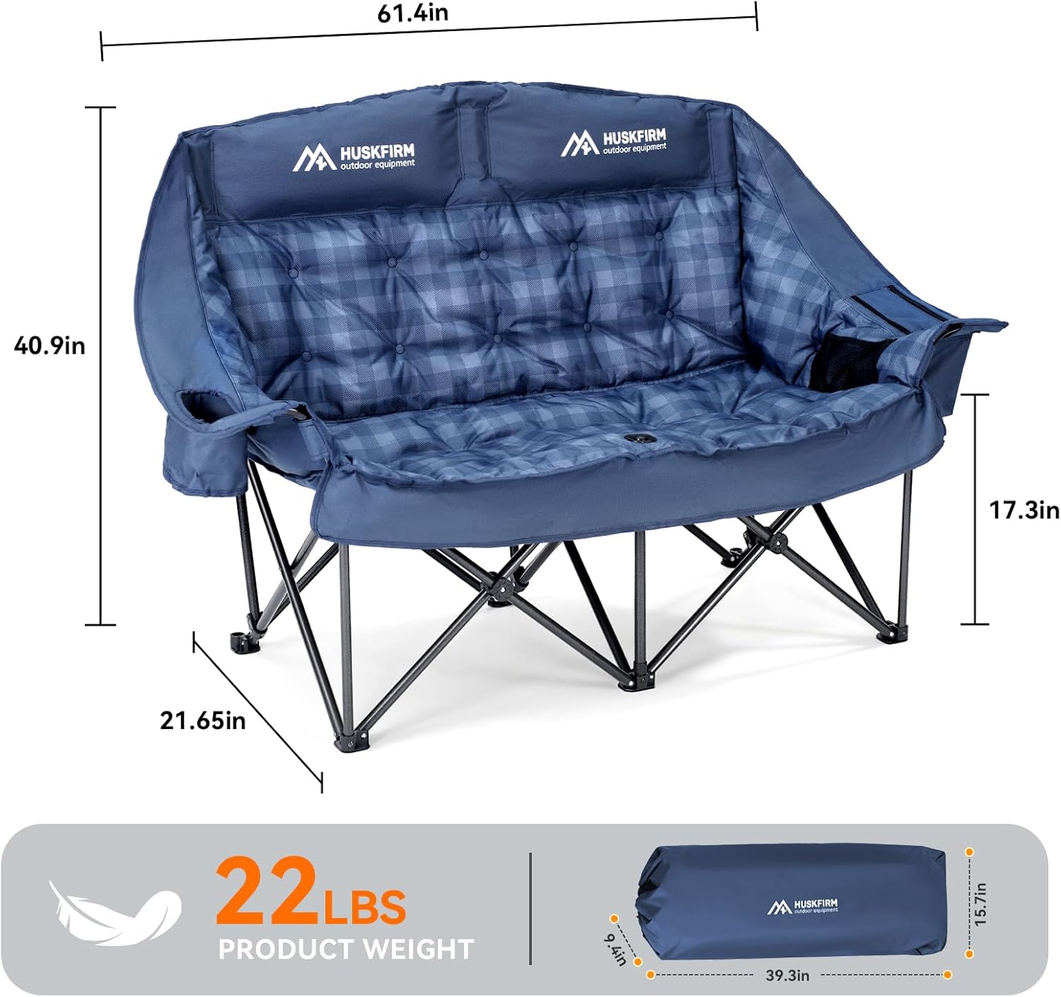 Alternative view of Huskfirm Padded Double Camping Chair High Back Double Seat Camping Chair Oversized Camping Loveseat Support 800LBS Heavy Duty Camping Couch with Cup Holders, Cooler, Carry Bag, Blue