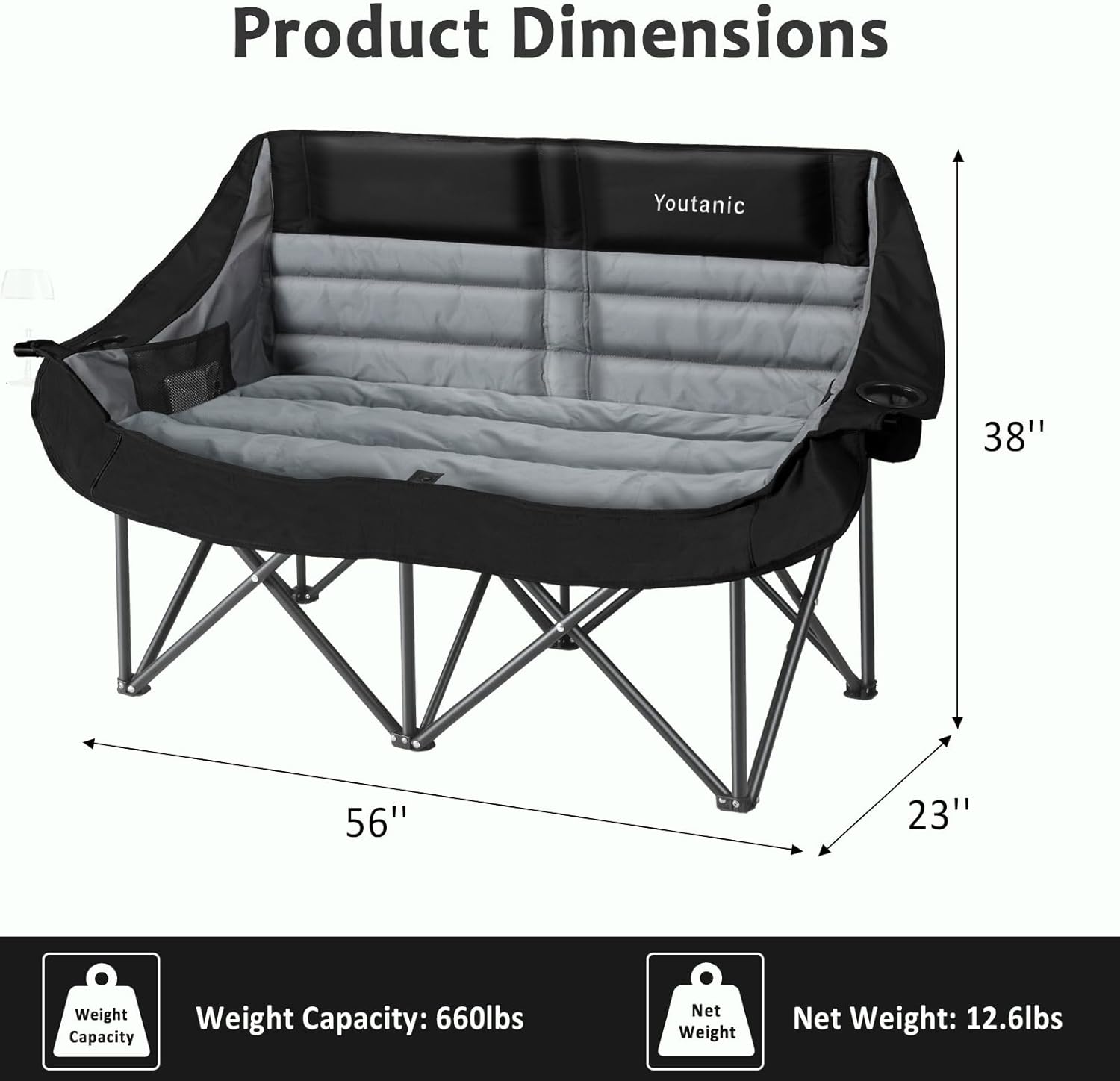 Alternative view of Youtanic Oversized Double Camping Chair, Folding Loveseat Camping Couch with Pocket, Cup Holder and Carry Bag, Heavy Duty Portable Camping Chairs for Adults, Fishing, Sports, Trip, up to 660lbs, Black