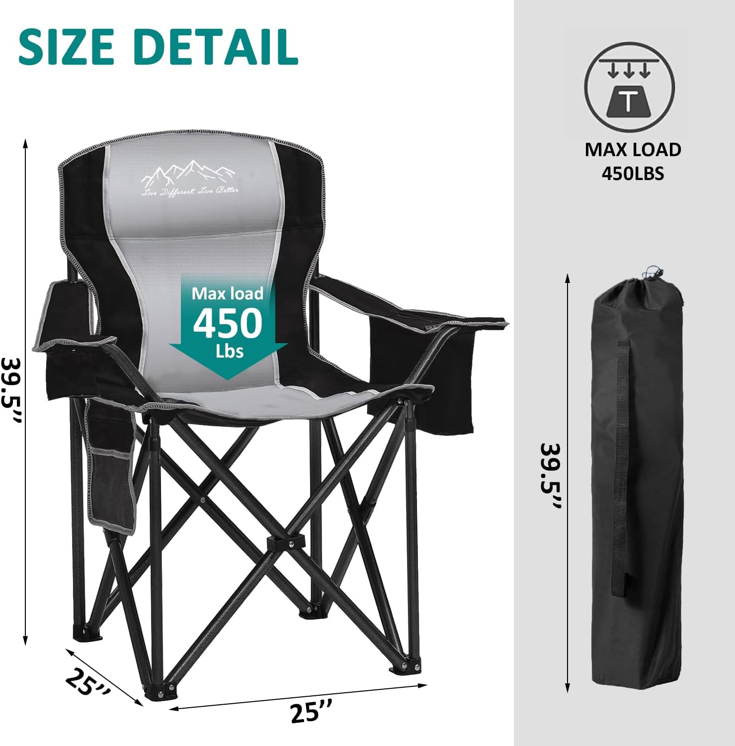 Alternative view of SAILARY Camping Chair Heavy Duty High Back Folding Chair with Cup Holder, 450lbs Capacity, Padded Seat, Cooler Bag & Storage Pocket, Portable for Outdoor, Beach, Fishing, Sports, 2 Pack Black