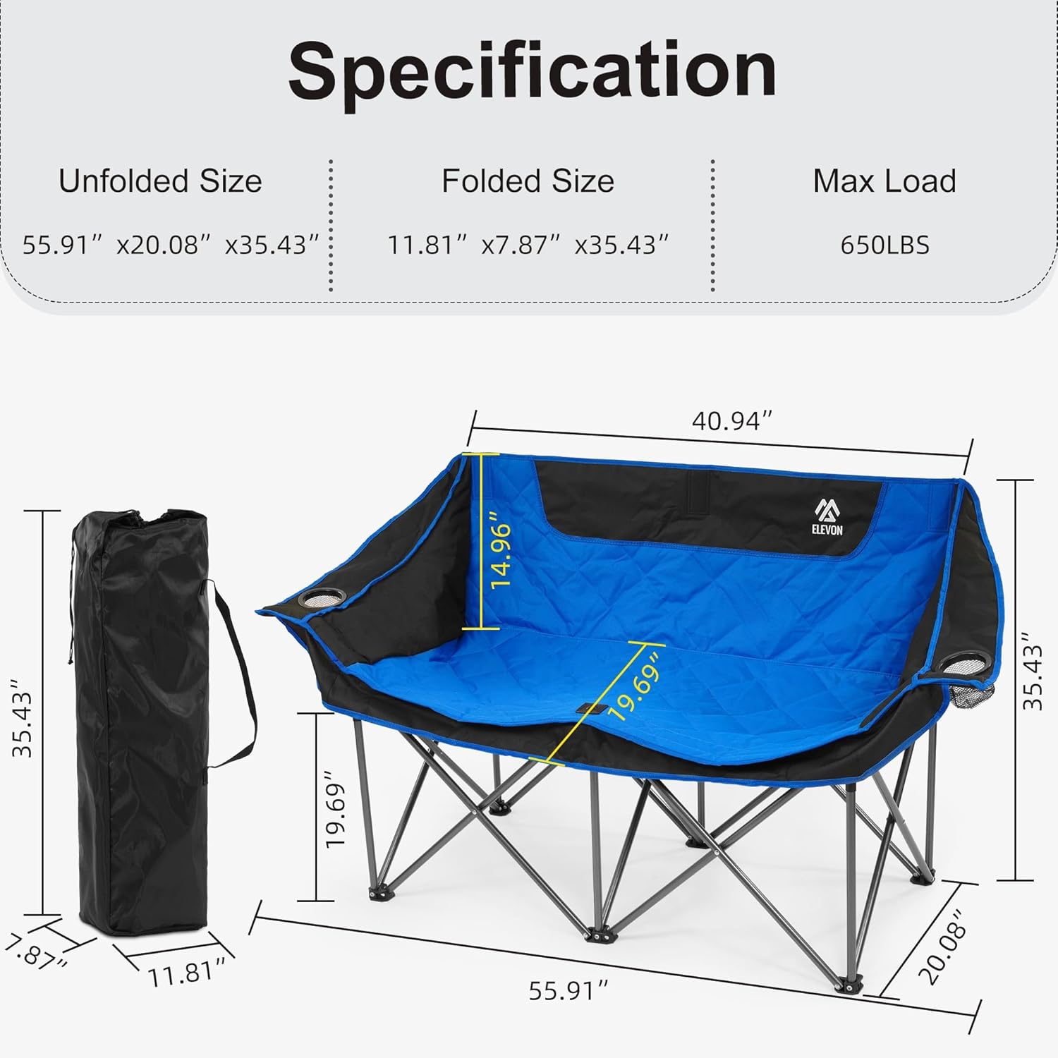 Alternative view of Elevon Double Camping Chair, 2 Person Oversized Loveseat for Adults, Portable Heavy Duty Outdoor Folding Chair with Arms, Cup Holder Carry Bag for Patio Beach Lawn Backyard Fishing Sports Trip, Blue