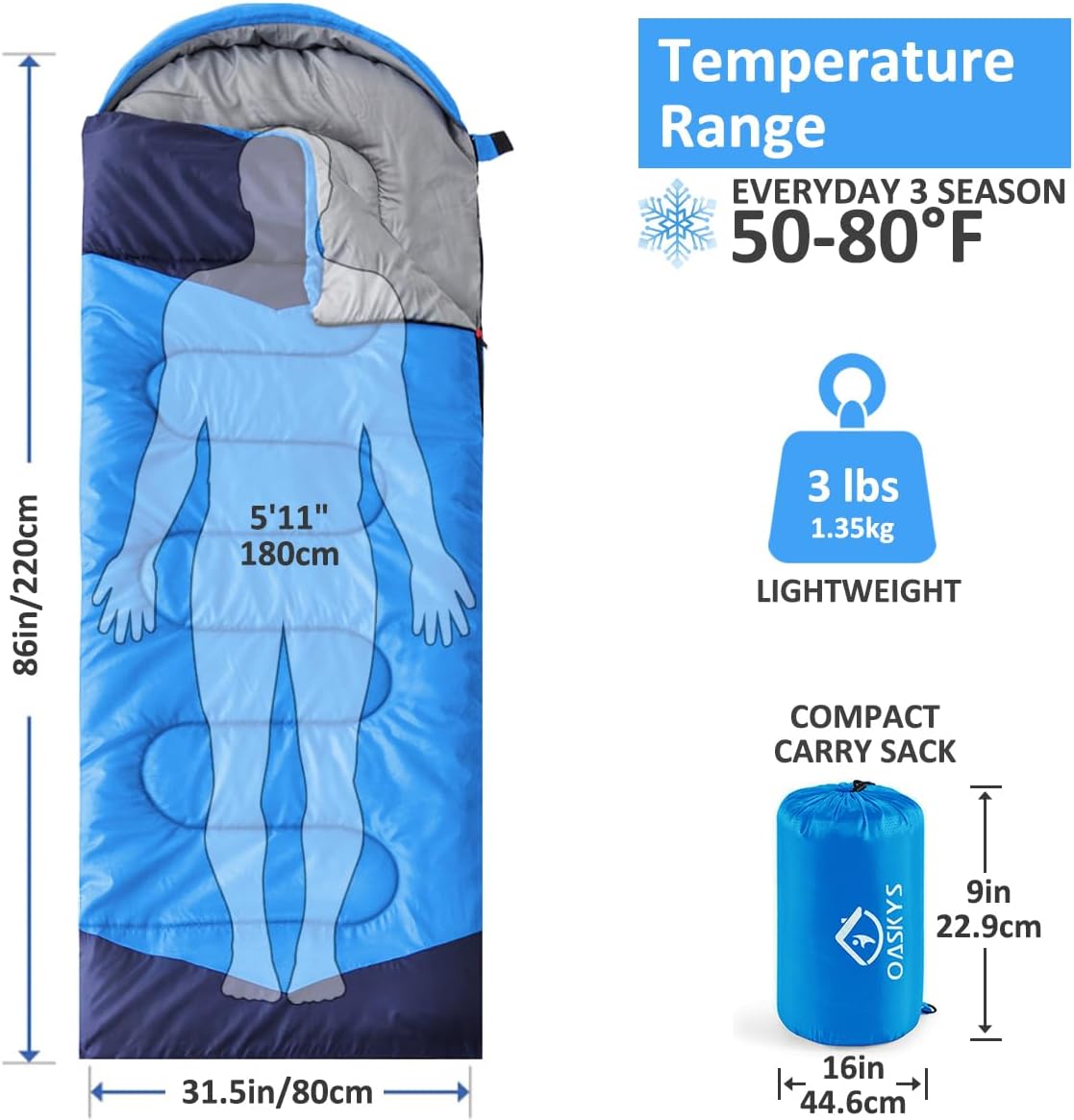 oaskys Camping Sleeping Bag - 3 Season Warm & Cool Weather - Summer Spring Fall Lightweight Waterproof for Adults Kids - Camping Gear Equipment, Traveling, and Outdoors