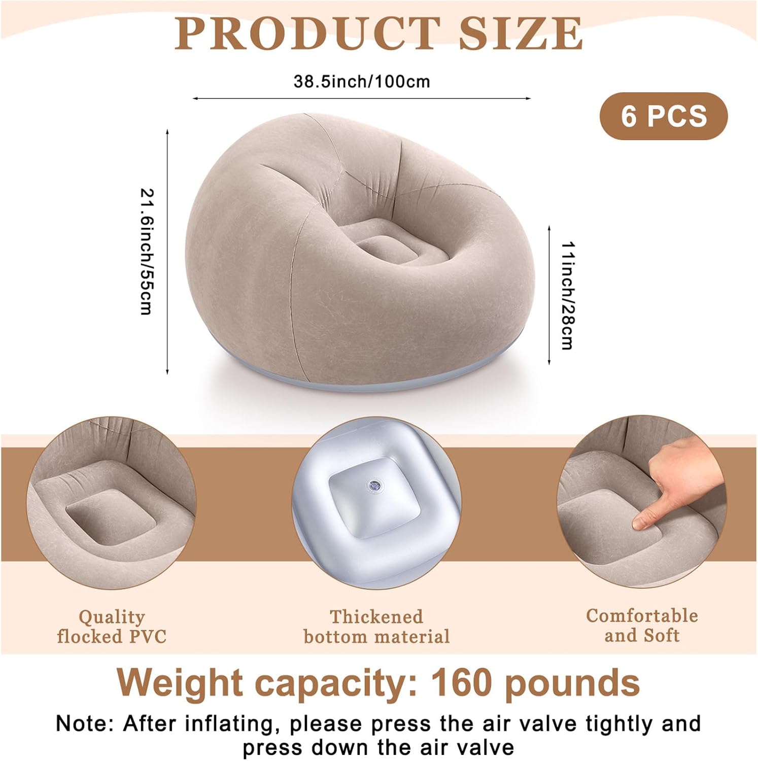 Realspring 6 Pcs Inflatable Bean Bag Chairs for Adults with Electric Air Pump, Blow up Couch Folding Portable Inflatable Couch Lazy Sofa for Outdoor Movie Nights Camping Room (Coffee)