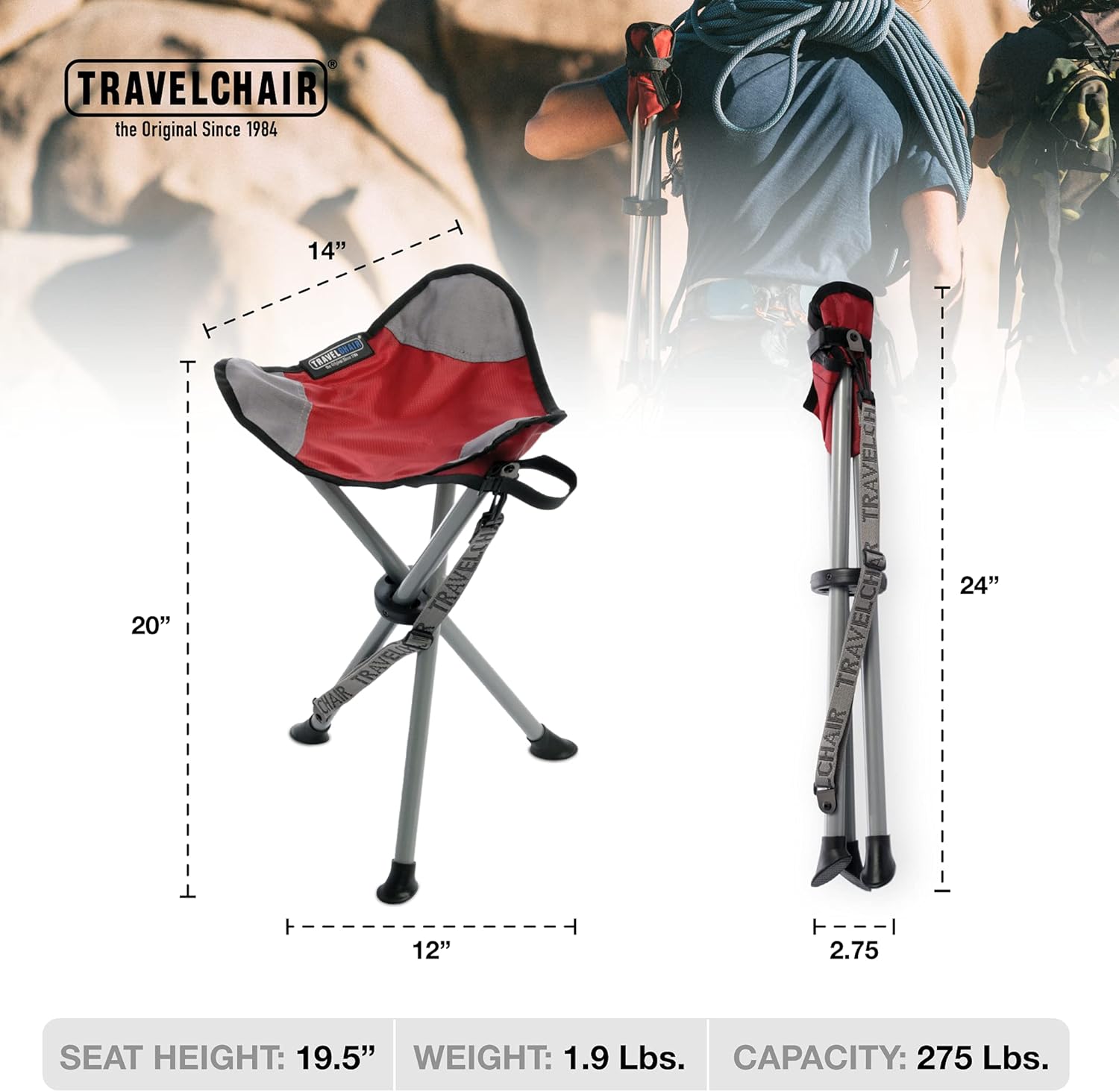 Alternative view of Travel Chair Slacker Tripod Chair for Camping, Lightweight Chair, Adjustable Carry Strap for Easy Transport | Oversized Duck Feet for Improved Stability | Perfect for Outdoor Adventures (Red)