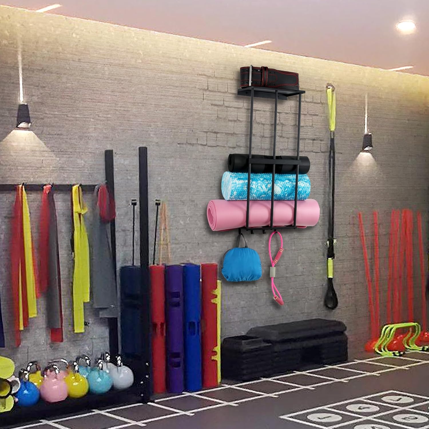 Camping Chair Rack for Garage Storage, Metal Camping Beach Chair Umbrella Holder Wall Mounted Rack Organizer Floating Shelf with 4 Hooks for Garage Organization