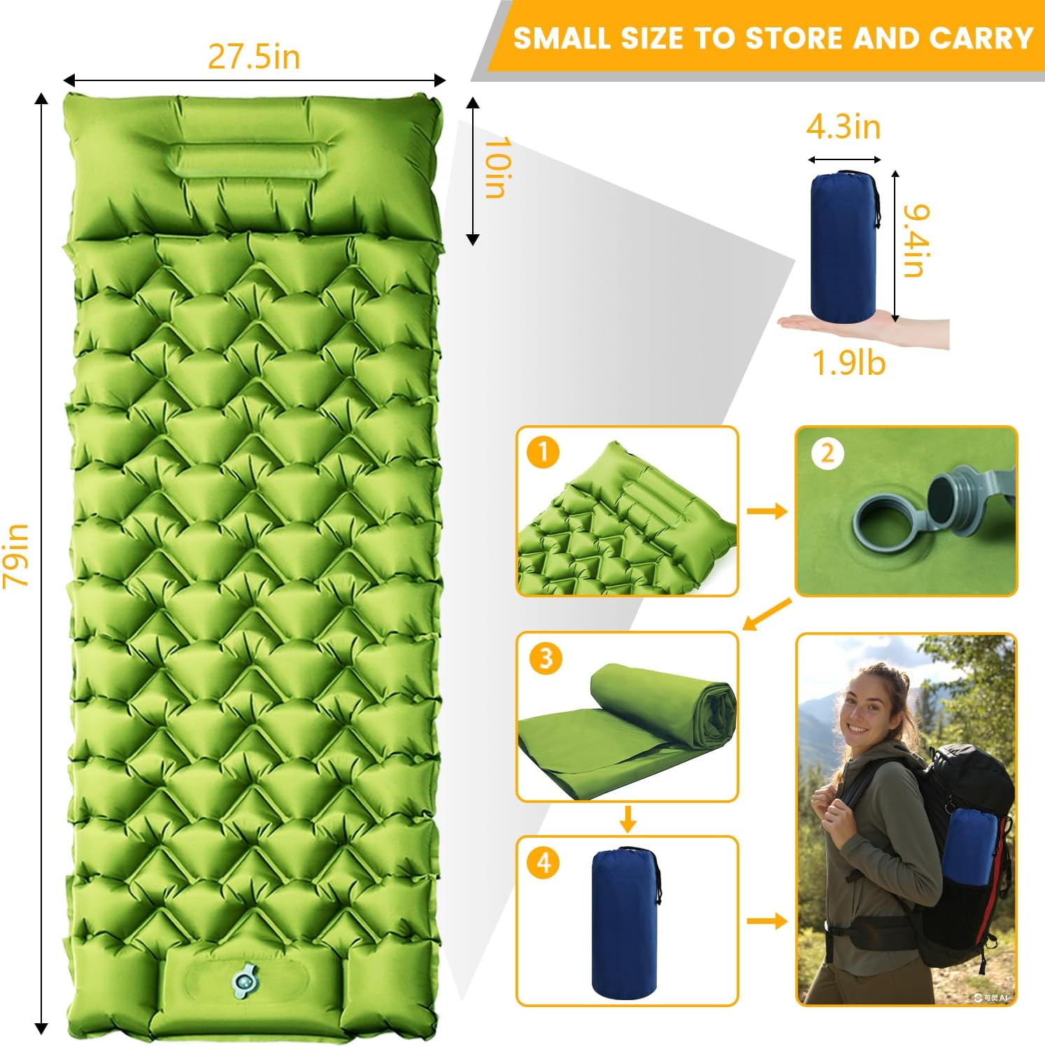 Oramoose Camping Sleeping Pad, 4in Thick Ultralight Inflatable Camping Mat with Pillow, Built-in Foot Pump Sleeping Mat, Wide Compact Camping Pad for Travel Tent Hiking Backpacking Trip Car Camp Gear