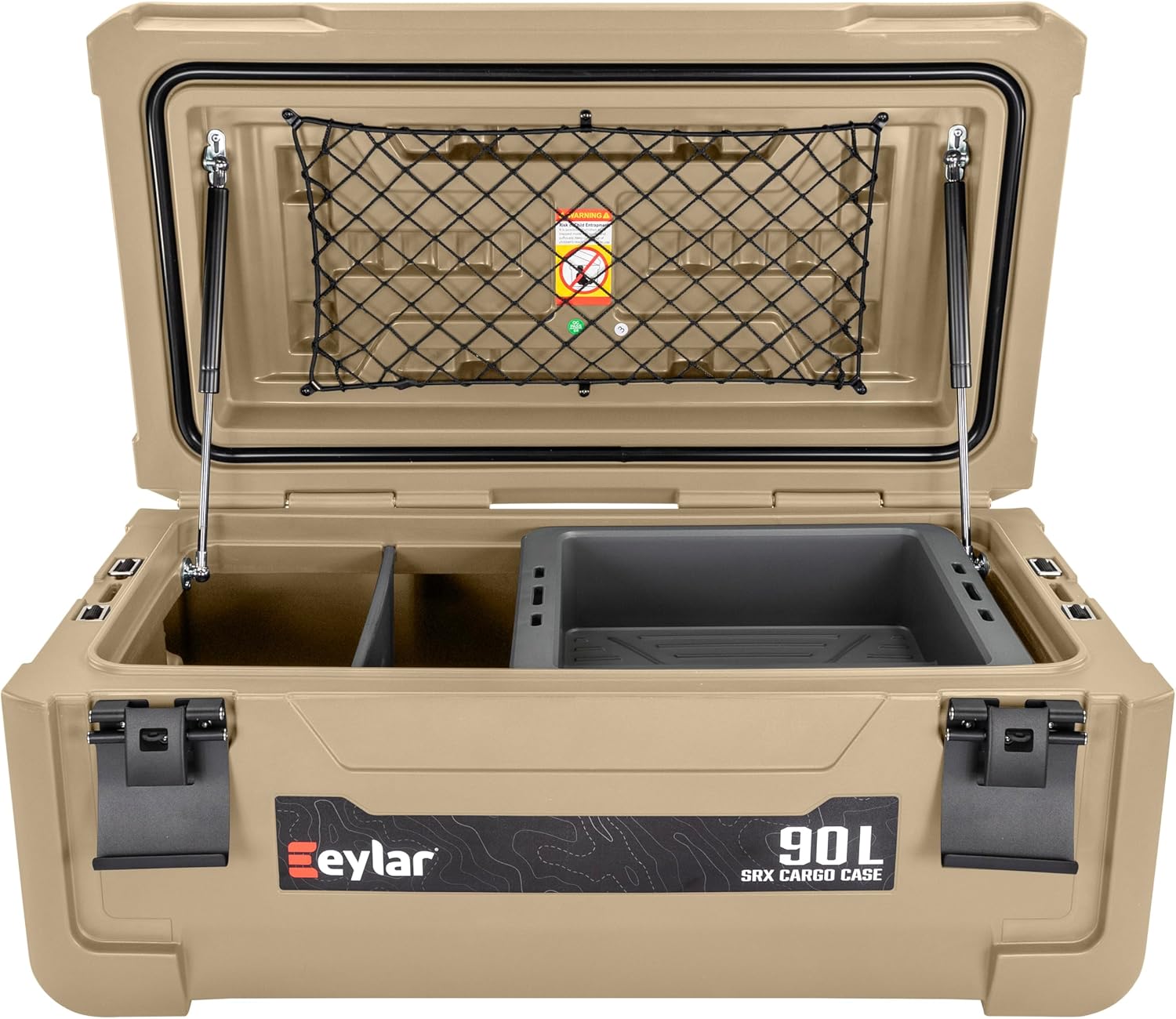 SRX-90 Overlanding Cargo Case u2013 90L Waterproof Storage Box for Camping, Off-Road & Truck Bed Gear u2013 Heavy-Duty Lockable Storage with Gas Strut Lid, Stackable Design & Interior Organizer Tray (Tan)