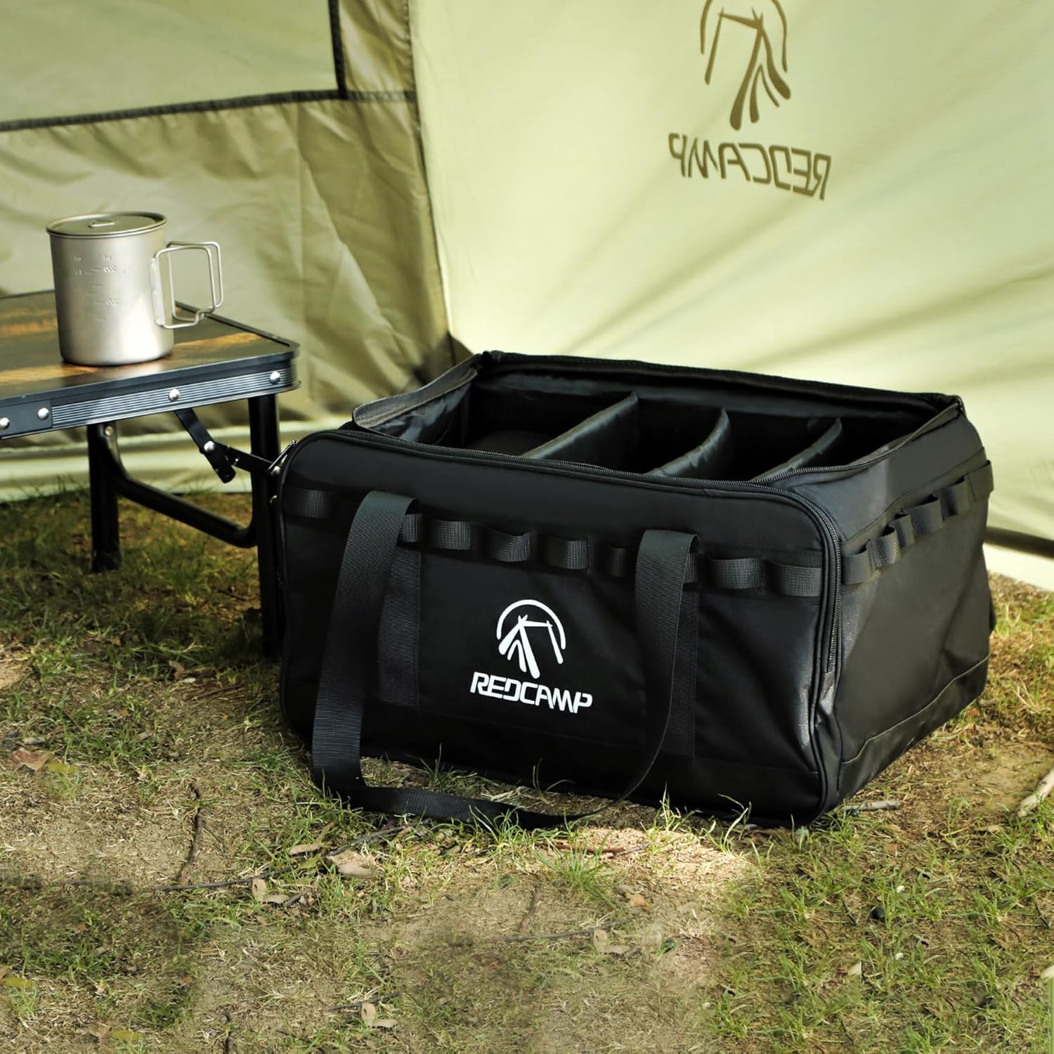 REDCAMP Camping Tote Organizer, 35L Tactical Duffel Bag, Waterproof Camping Storage Organizer with 3 Adjustable Dividers for Outdoor Transport