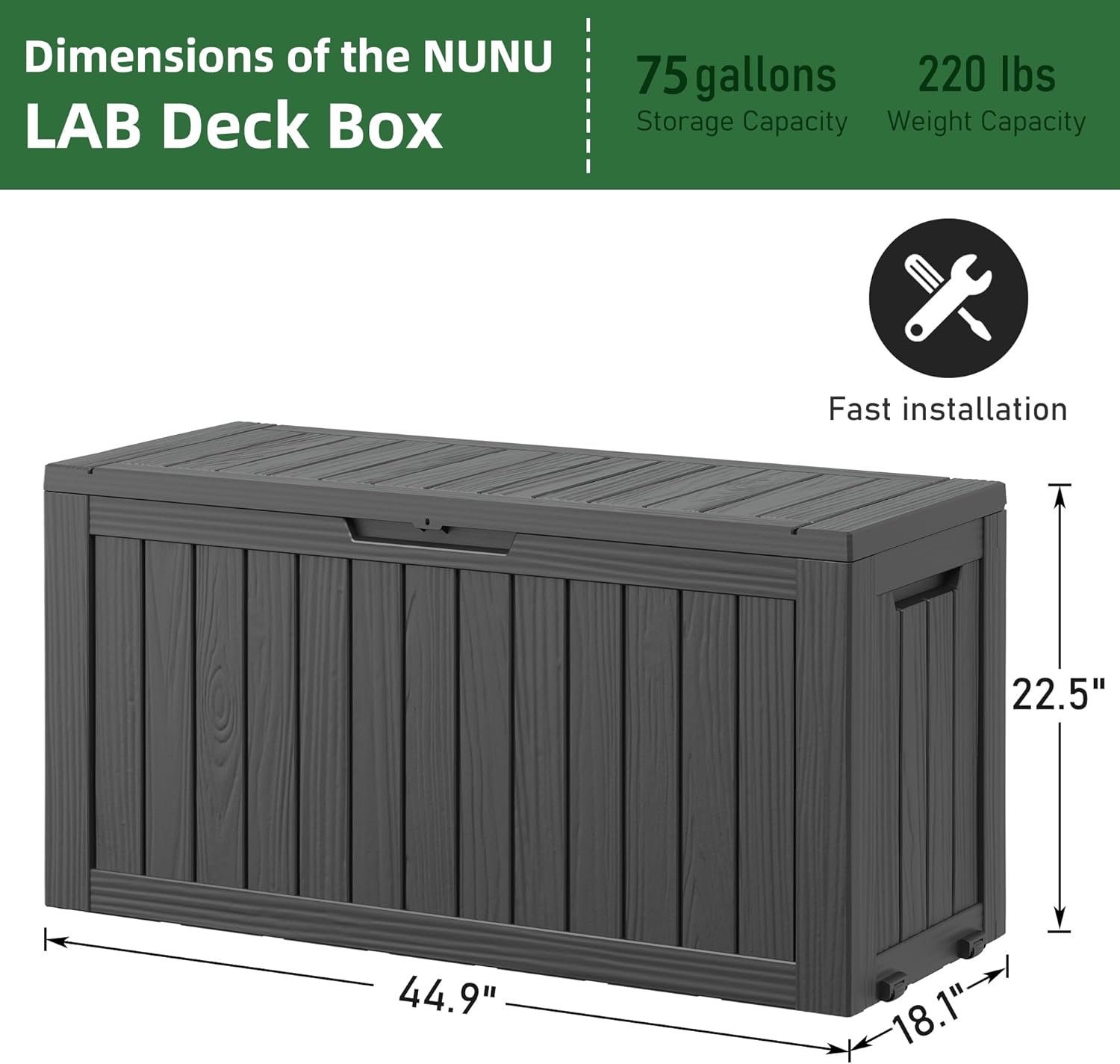Alternative view of NUNU LAB 75 Gallon Outdoor Storage Box,Large Resin Sturdy Deck Box, Backyard Outside Storage Box Waterproof with Double Wall Panels,Package Delivery Garden Hose Storage Bin Outdoor Tool