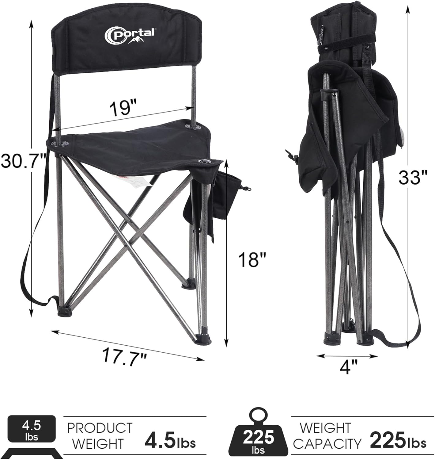 Alternative view of PORTAL Extra Large Quick Folding Tripod Stool with Backrest Fishing Camping Chair with Carry Strap