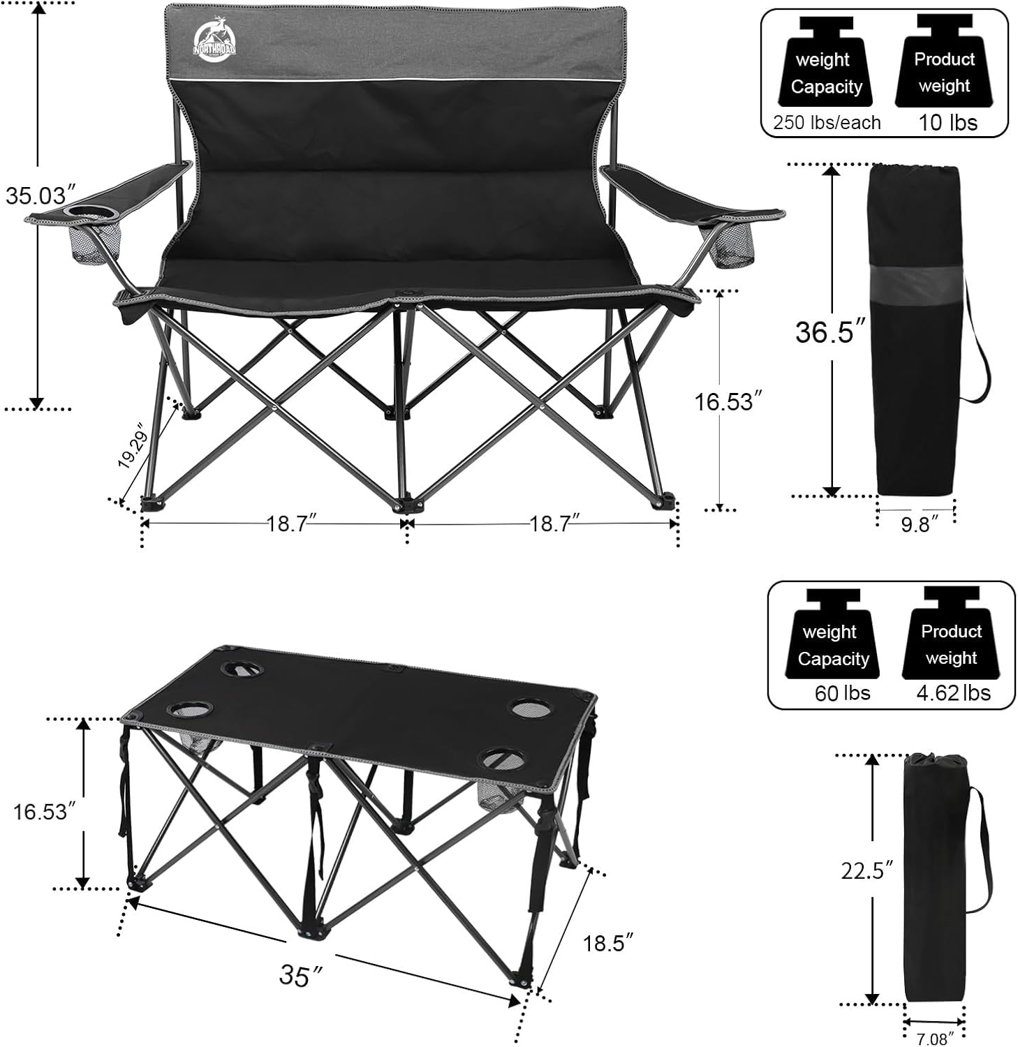 Alternative view of Northroad Folding Camping Chair Set of 4, Portable Collapsible Conversation Set w/1 Sofa, 2 Single Chairs, 1 Table for Family Patio, Outdoor Travel,Beach(Black)