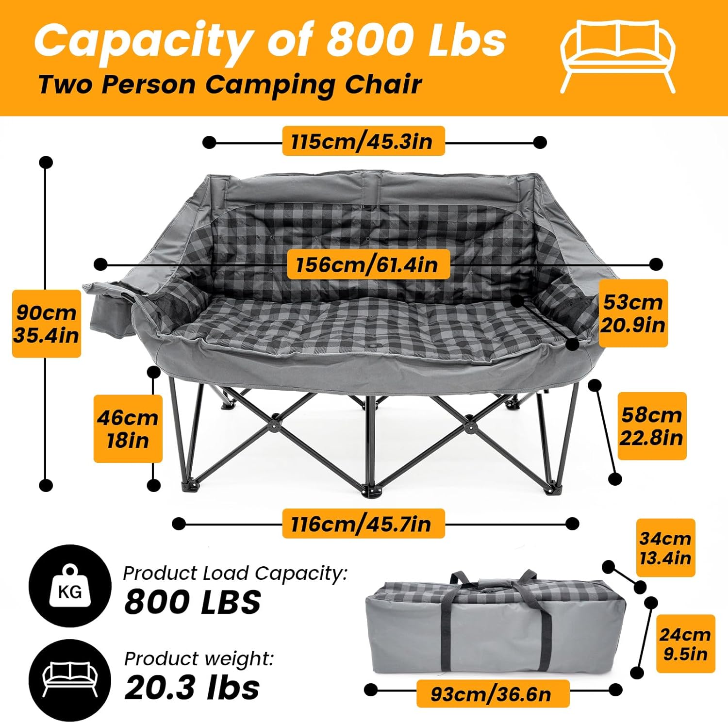 QUYUAN Double Seater Camping Chair, Padded Loveseat Chair for 2 Person, Oversized Heavy Duty Folding Camp Chairs, Camping Couch for Soccer Games, Tailgating, RV Travel, Beach Days, Grey Outdoor Sofa
