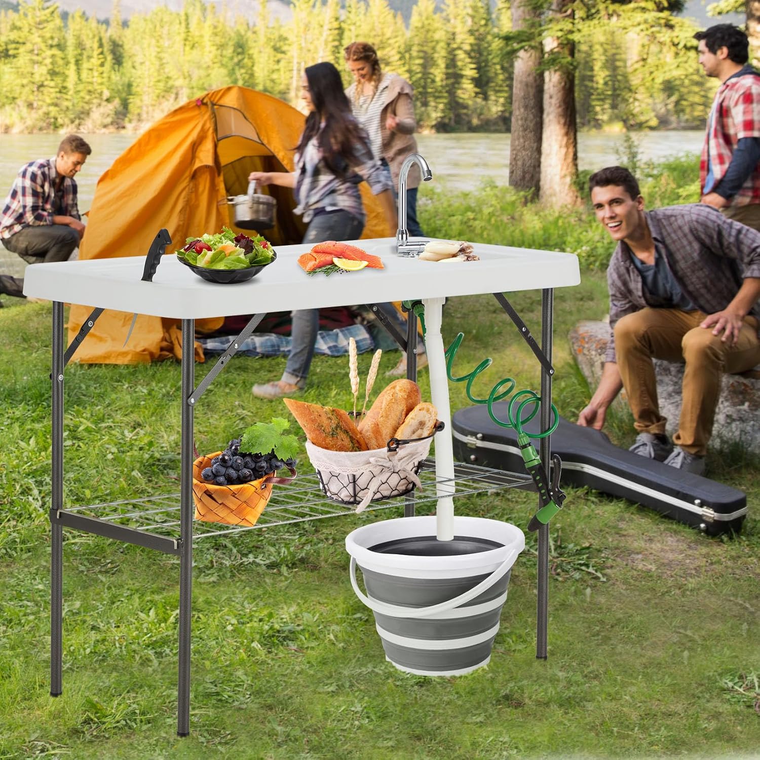 Folding Fish Cleaning Table with Collapsible Bucket, Portable Outdoor Fillet Station Camping Sink Table with Faucet, Drainage Hose & Sprayer, Grid Rack, Knife Groove for Picnic Fishing