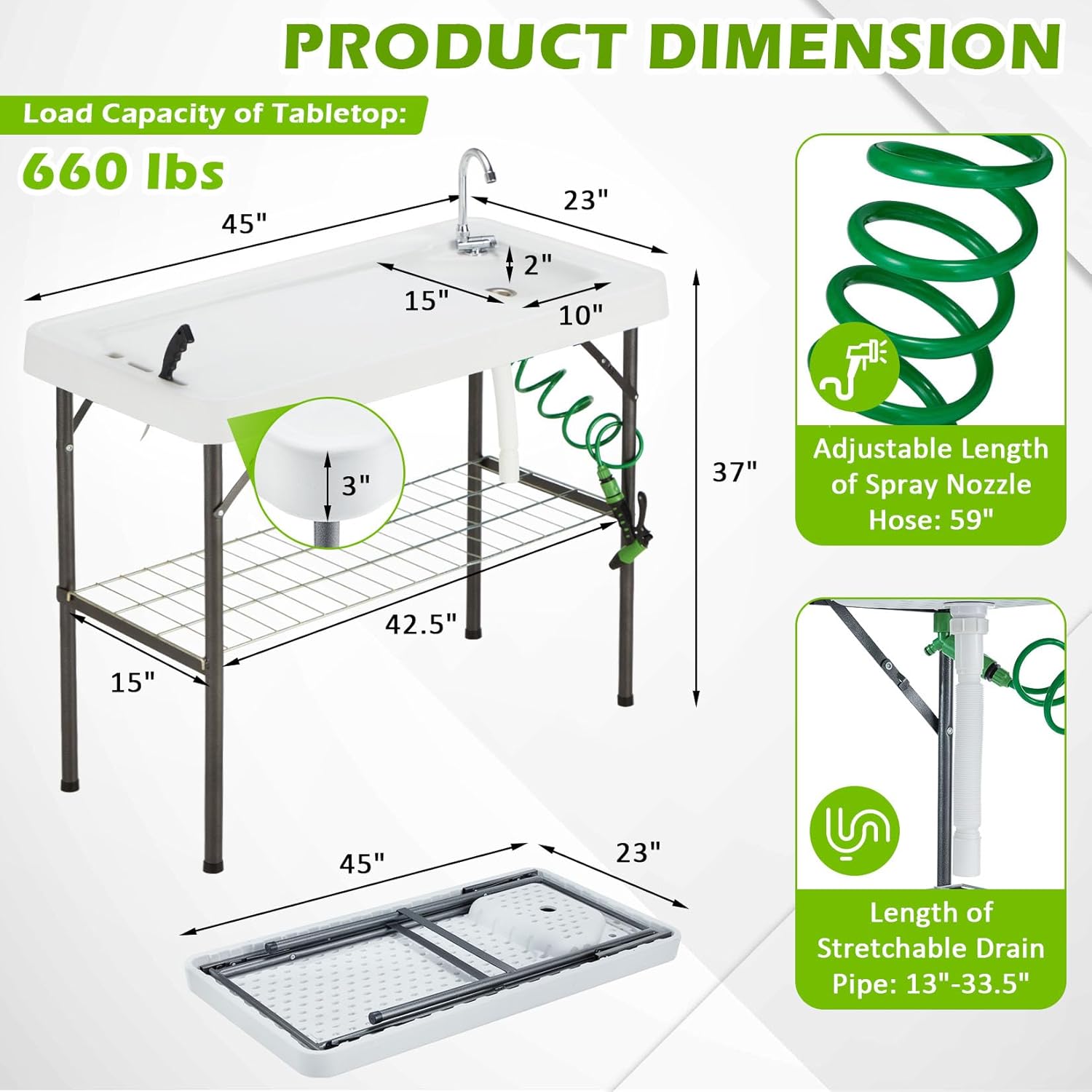 Alternative view of Folding Fish Cleaning Table with Collapsible Bucket, Portable Outdoor Fillet Station Camping Sink Table with Faucet, Drainage Hose & Sprayer, Grid Rack, Knife Groove for Picnic Fishing