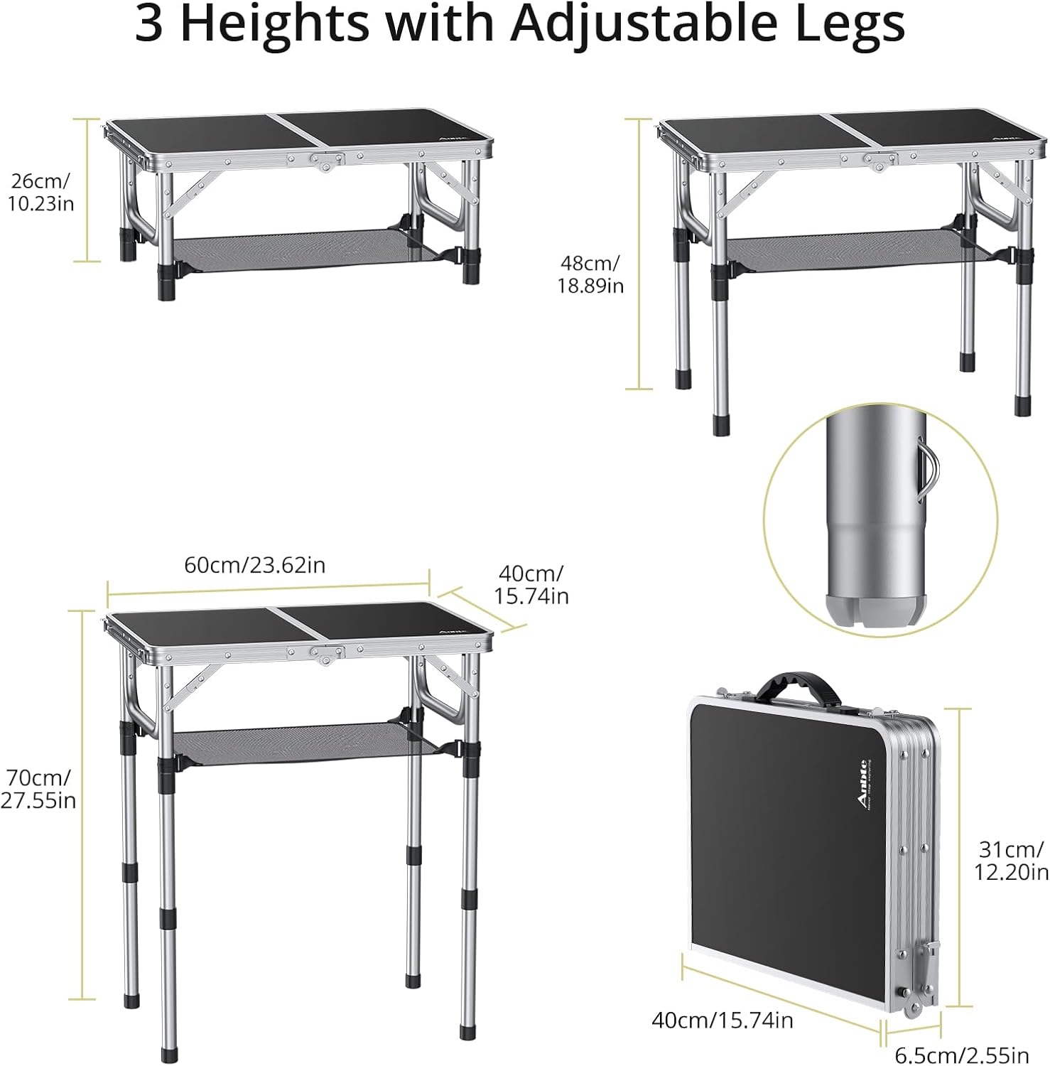 Alternative view of Anbte Folding Camping Table, Aluminum 24" x 16" Adjustable Height Small Folding Table with Carrying Handle, Lightweight, Portable Camping Table Waterproof for Outdoor Indoor Picnic Beach BBQ (Black)